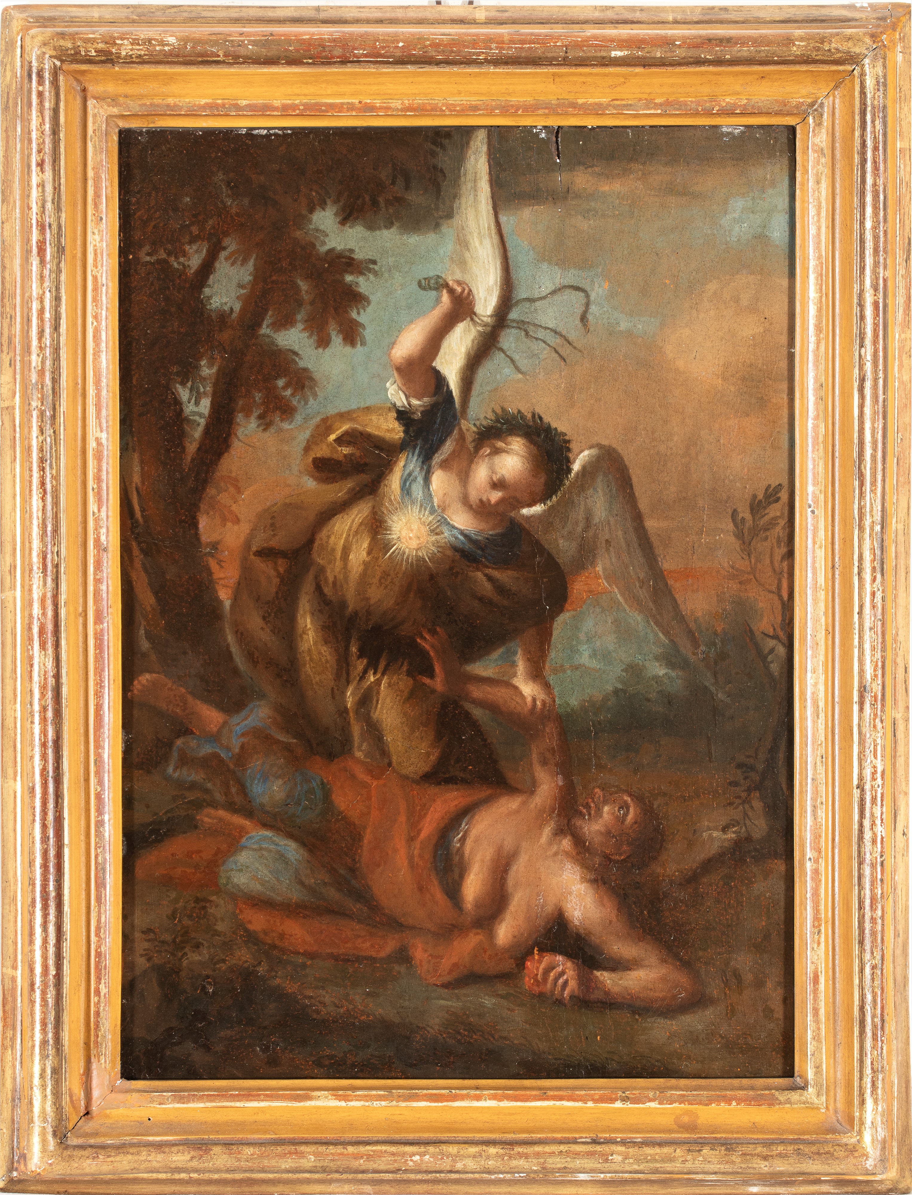 Artista Emiliano, XVII Secolo - San Michele fustiga il demonio, olio su tavola