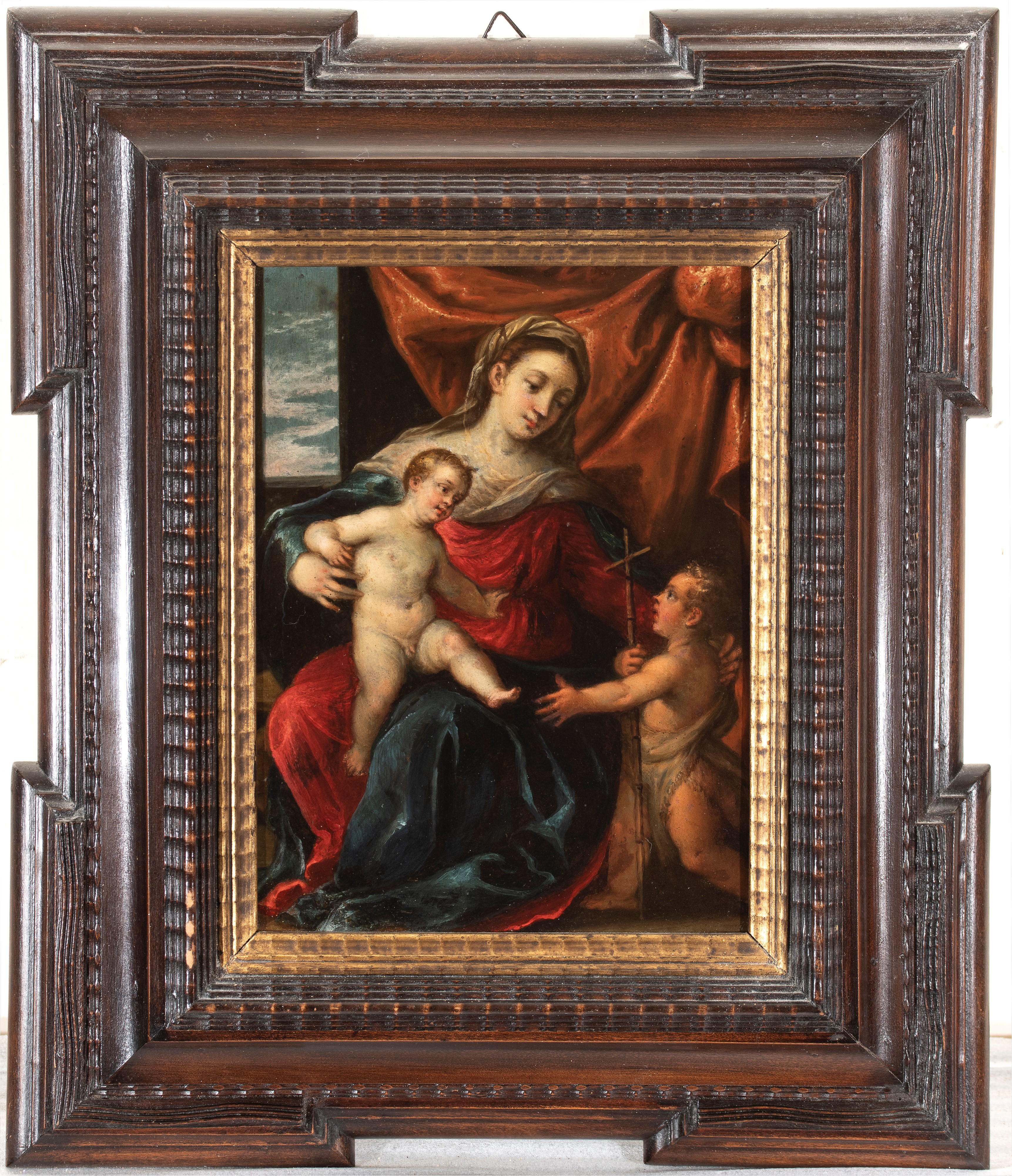 Artista Emiliano, Fine XVI - Inizio XVII Secolo - Madonna con Bambino e San Giovannino, olio su r...