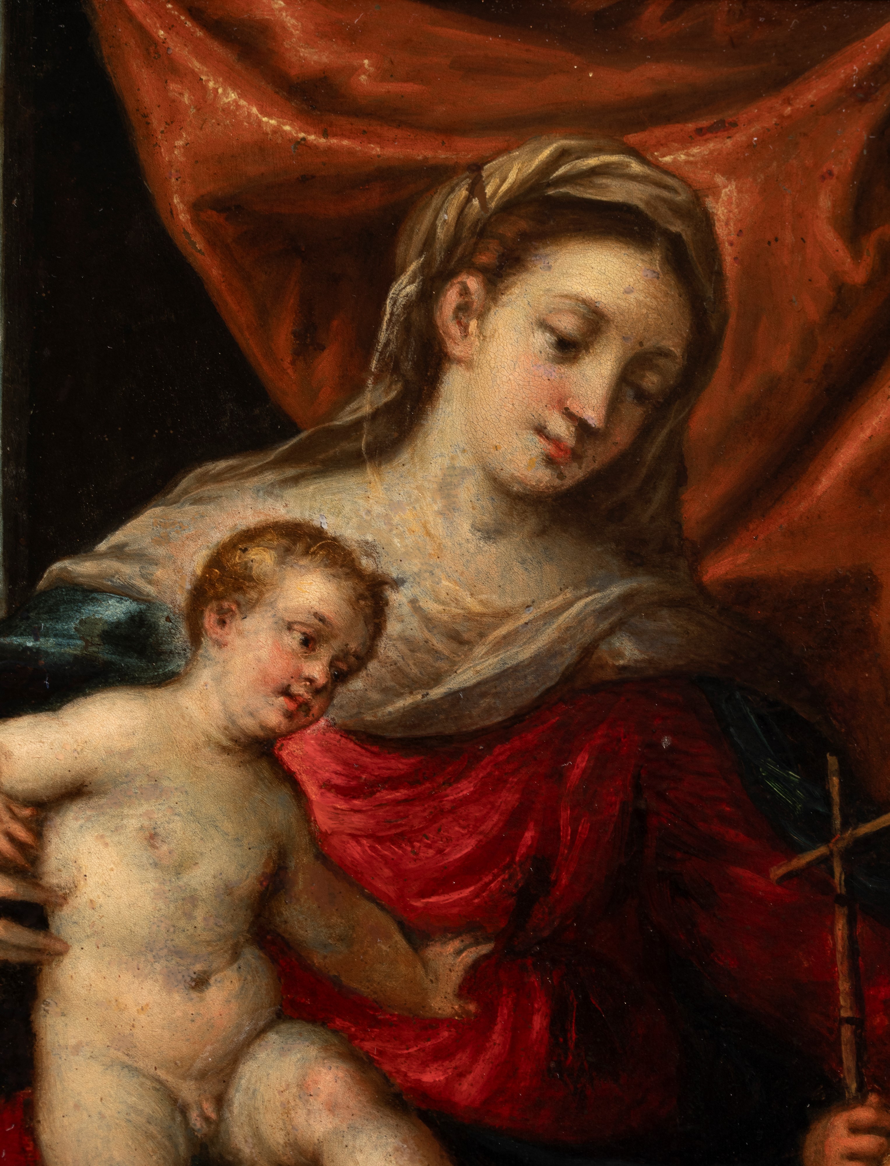 Artista Emiliano, Fine XVI - Inizio XVII Secolo - Madonna con Bambino e San Giovannino, olio su r...