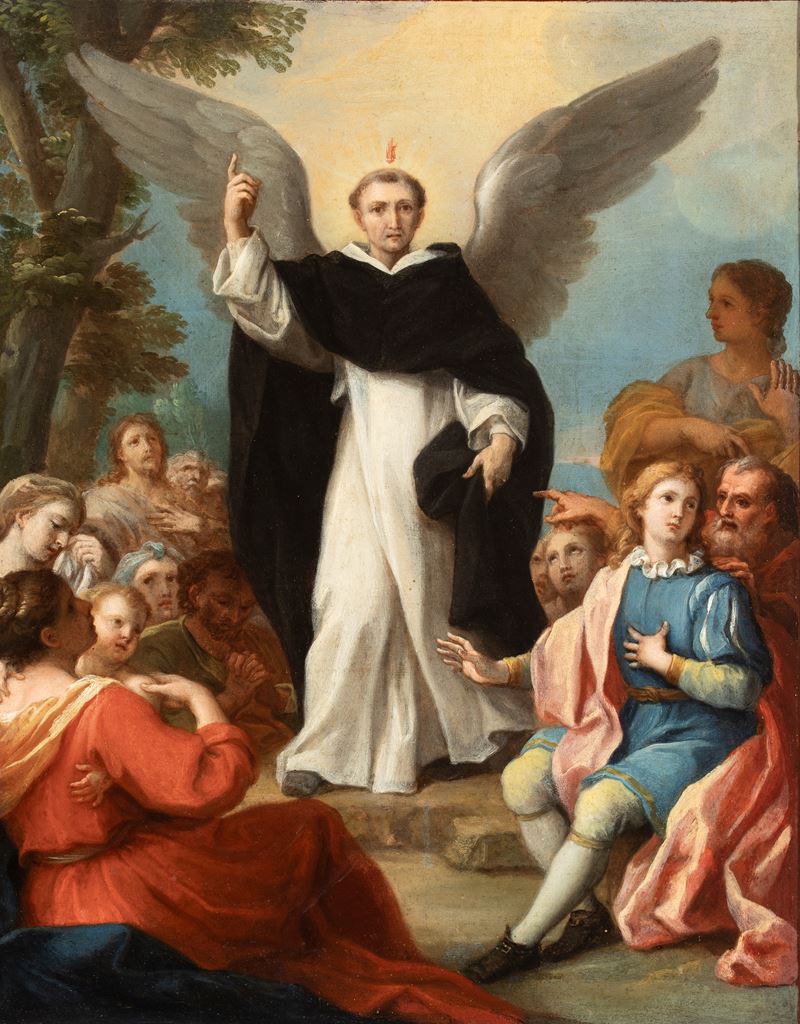Artista Emiliano, XVIII Secolo - La predicazione di San Vincenzo Ferrer, olio su tela