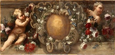 Anonimo, Soprapporta con putti, natura morta di fiori e stemma, olio su tela