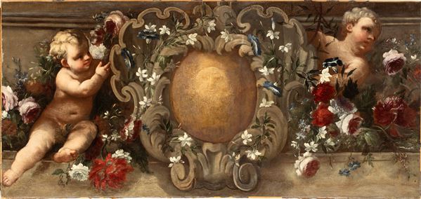Soprapporta con putti, natura morta di fiori e stemma 