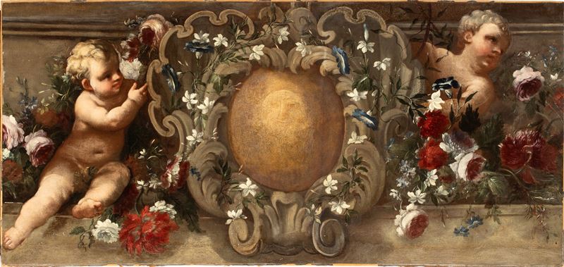Artista Attivo a Roma, XVIII Secolo - Anonimo, Soprapporta con putti, natura morta di fiori e ste...