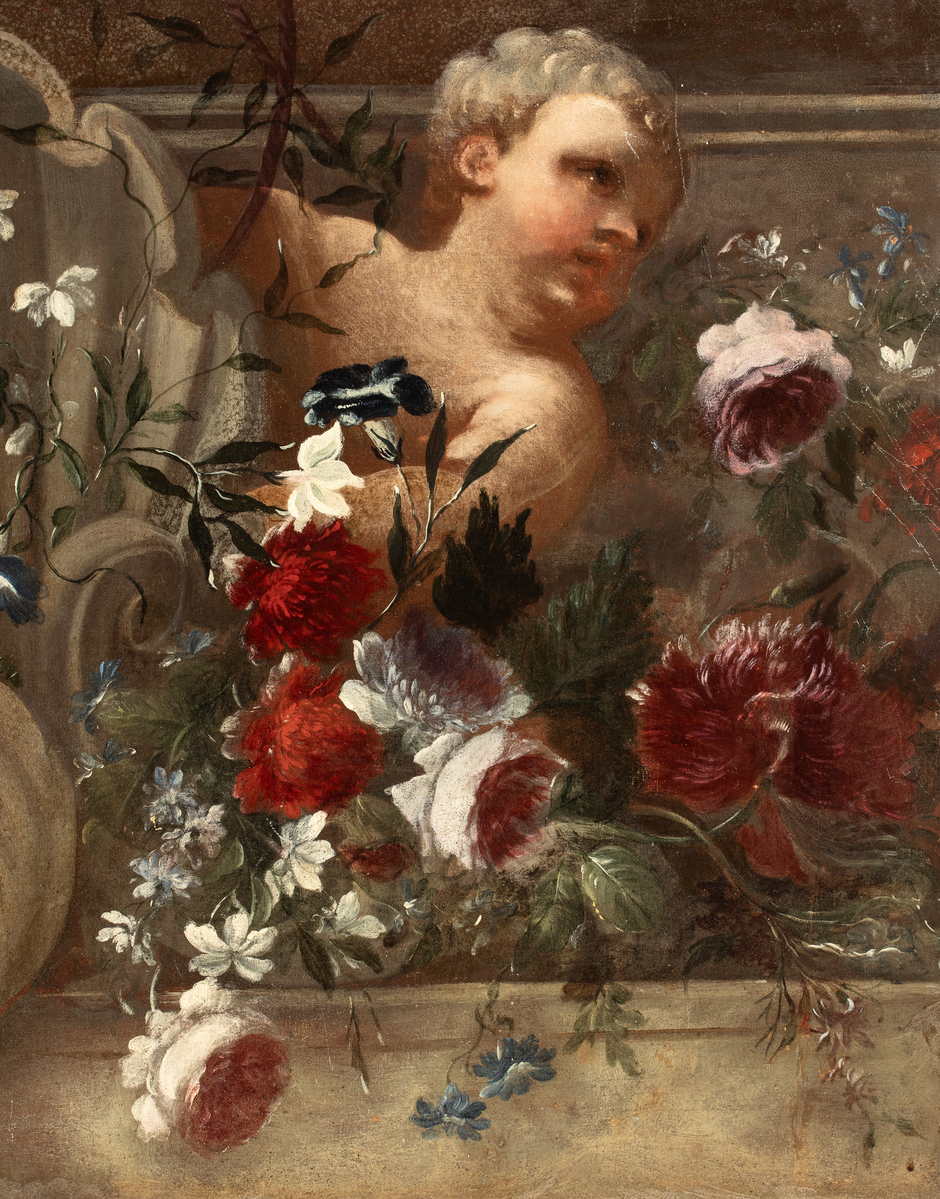Artista Attivo a Roma, XVIII Secolo - Anonimo, Soprapporta con putti, natura morta di fiori e ste...