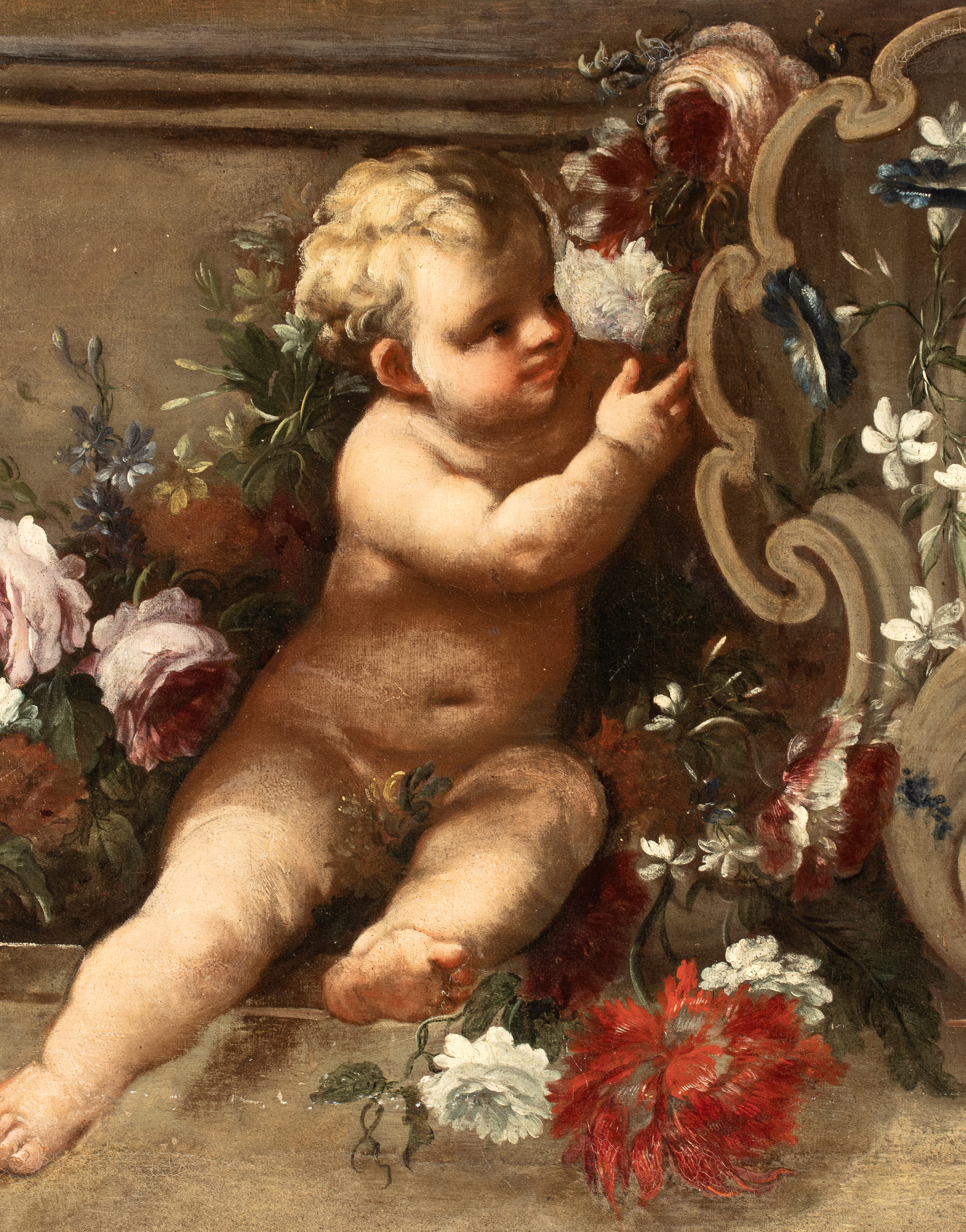 Artista Attivo a Roma, XVIII Secolo - Anonimo, Soprapporta con putti, natura morta di fiori e ste...