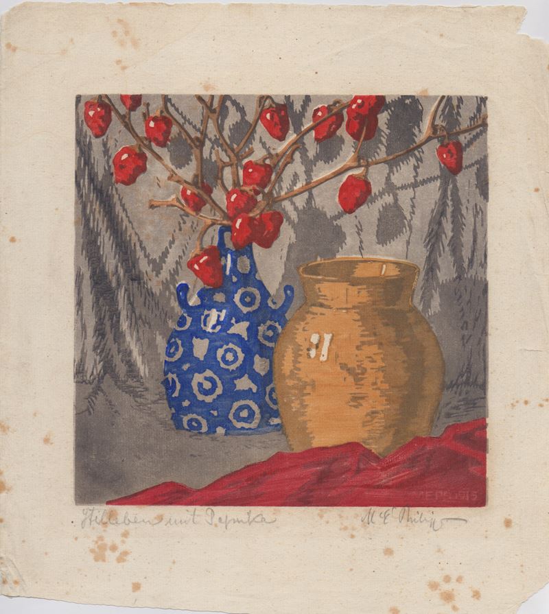 Martin Erich Philipp - Vaso con peperoncini (xilografia a colori)