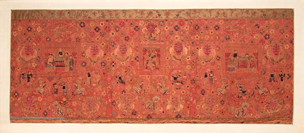 Silk fabric embroidered with scenes from the Peking Opera, most likely for theater or film set design. China, early 20th century.