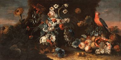 Frutta e vaso di fiori in un paesaggio con pappagallo