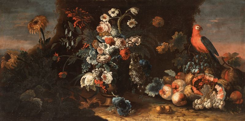Aniello Ascione - Frutta e vaso di fiori in un paesaggio con pappagallo