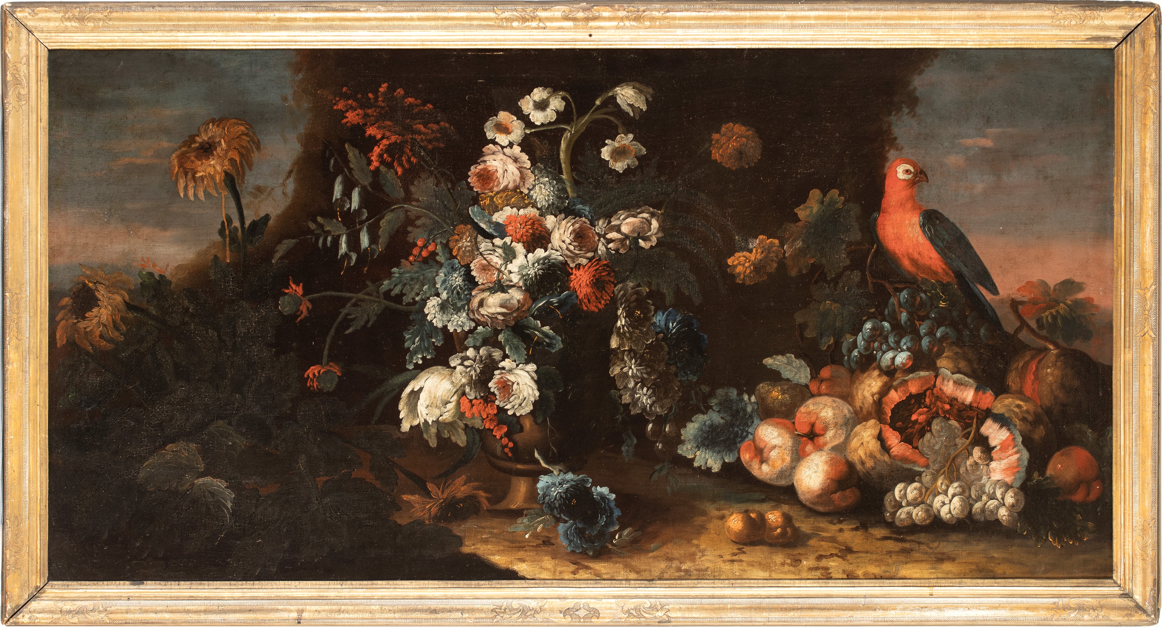 Aniello Ascione - Frutta e vaso di fiori in un paesaggio con pappagallo