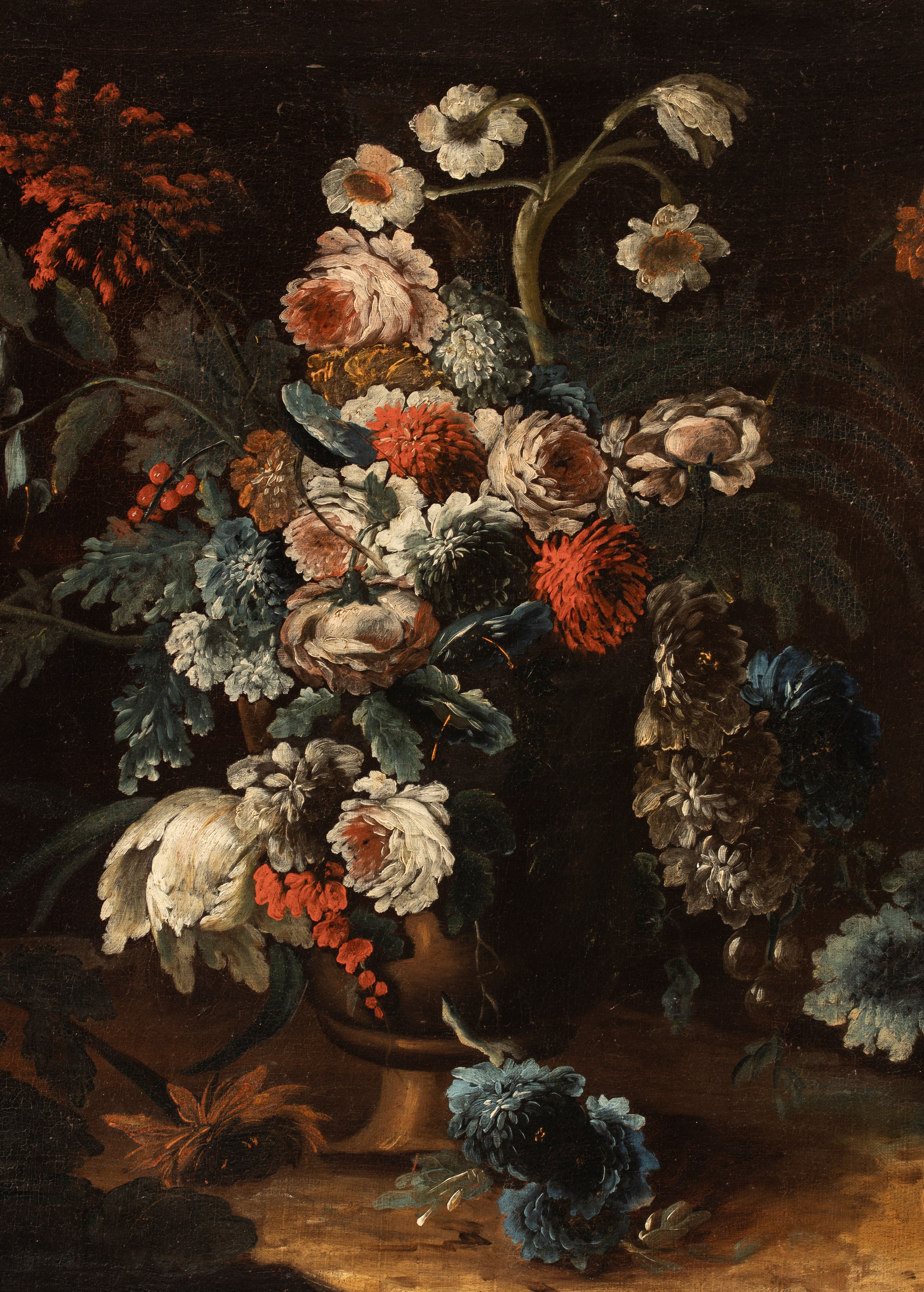 Aniello Ascione - Frutta e vaso di fiori in un paesaggio con pappagallo