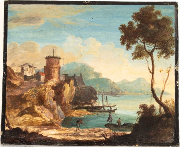 Antonio Dominici - Coastal landscape with a landing place and figures