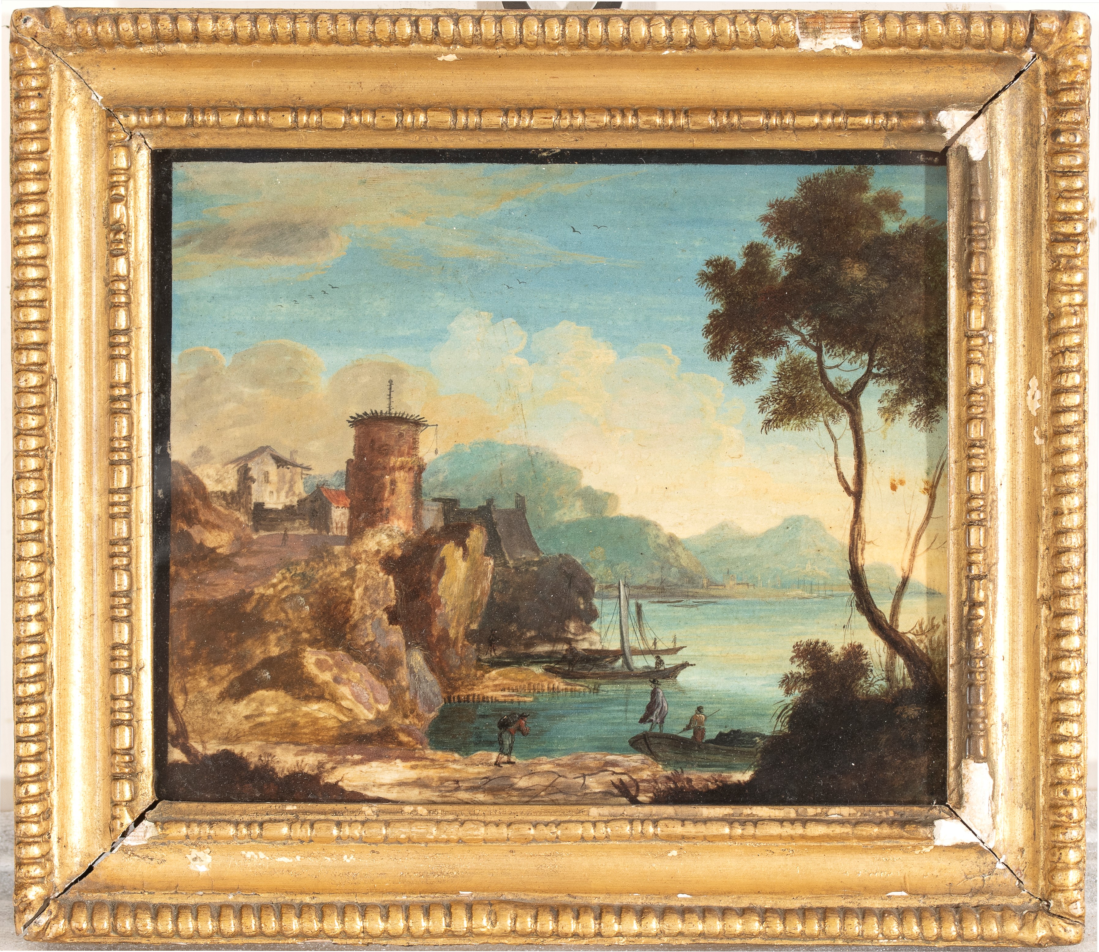 Antonio Dominici - Paesaggio costiero con approdo e figure