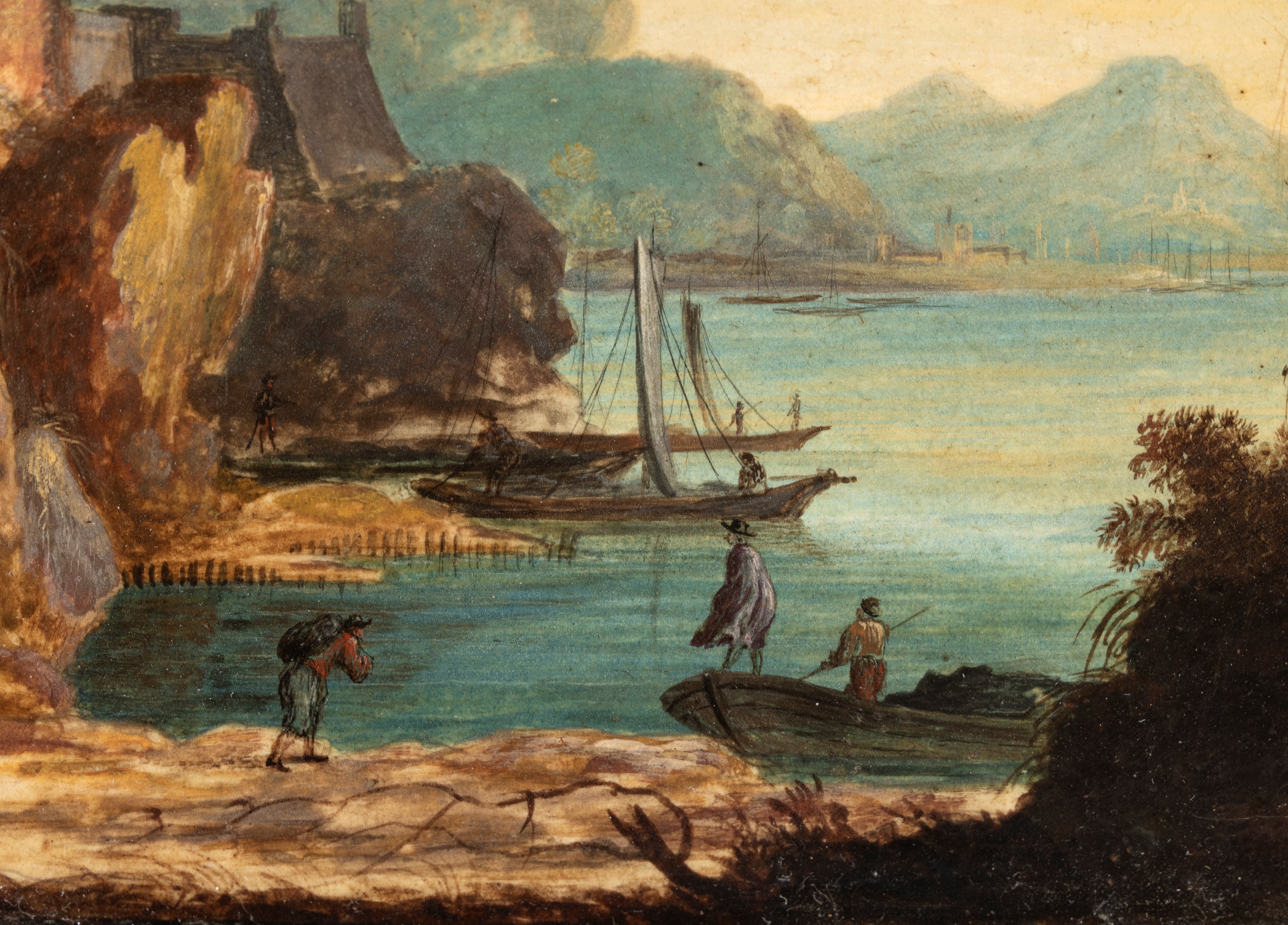 Antonio Dominici - Paesaggio costiero con approdo e figure