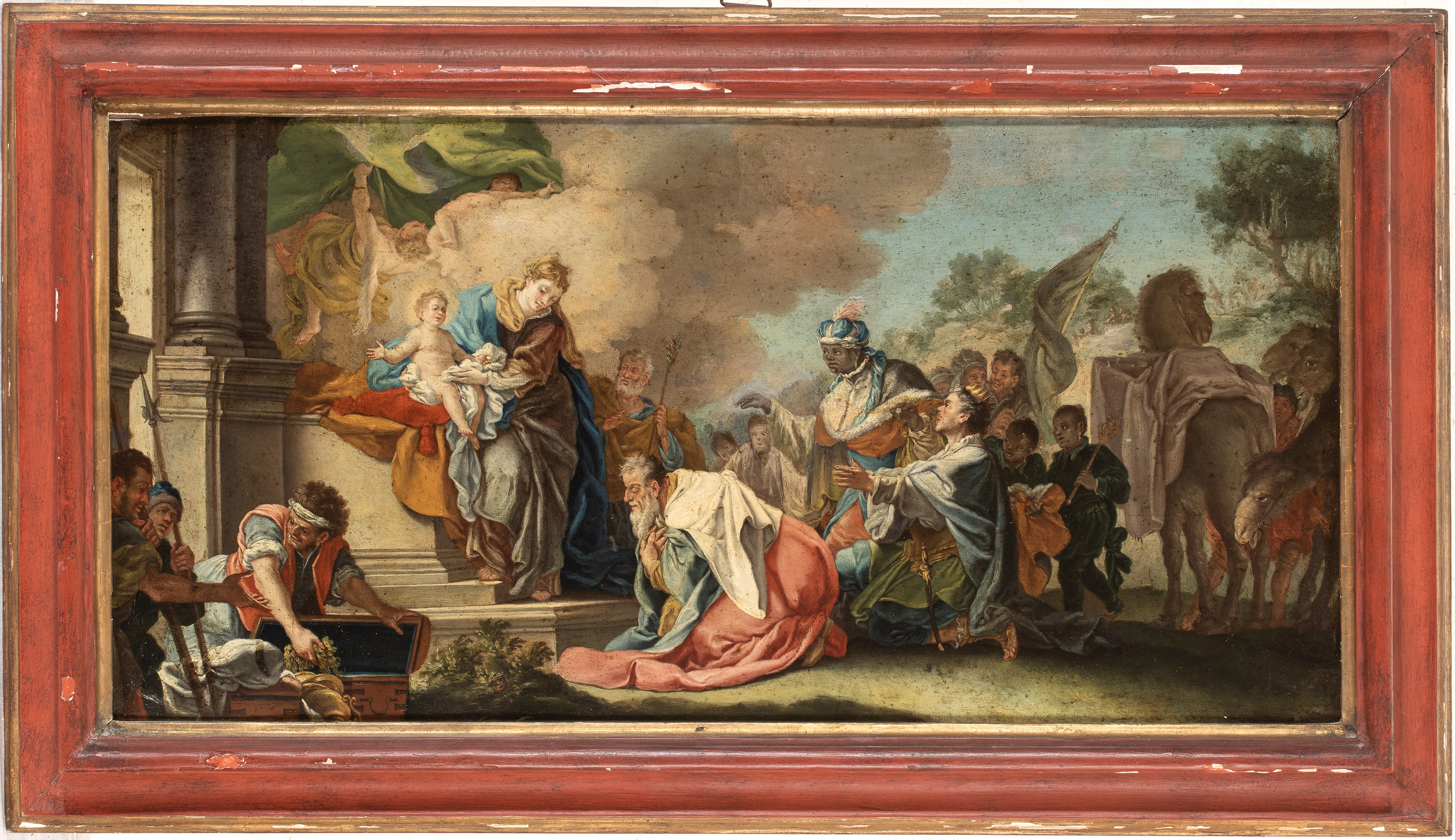 Artista Veneto, Prima Metà XVIII Secolo - Adorazione dei Magi, olio su rame con cornice