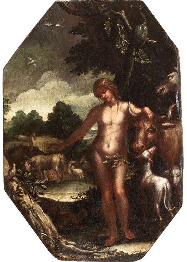 Artista fiammingo, fine XVI - inizio XVII secolo - Eve in the garden of Eden