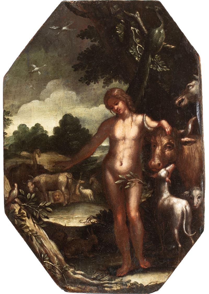 Artista Fiammingo, Fine XVI - Inizio XVII Secolo - Eva nel giardino dell'Eden, olio su tavola