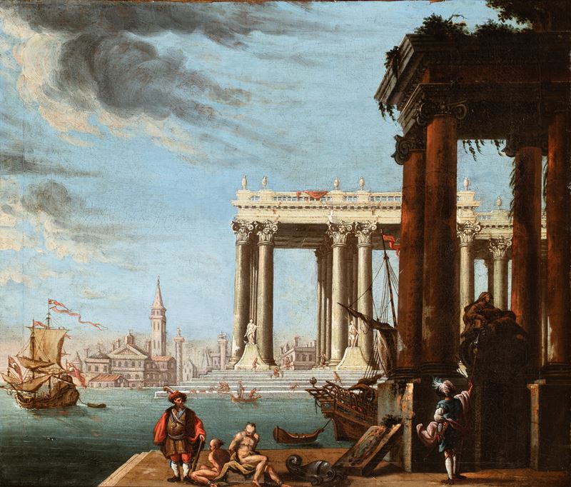 Artista Attivo a Venezia, XVIII Secolo - Capriccio architettonico con figure e scorcio marino, ol...