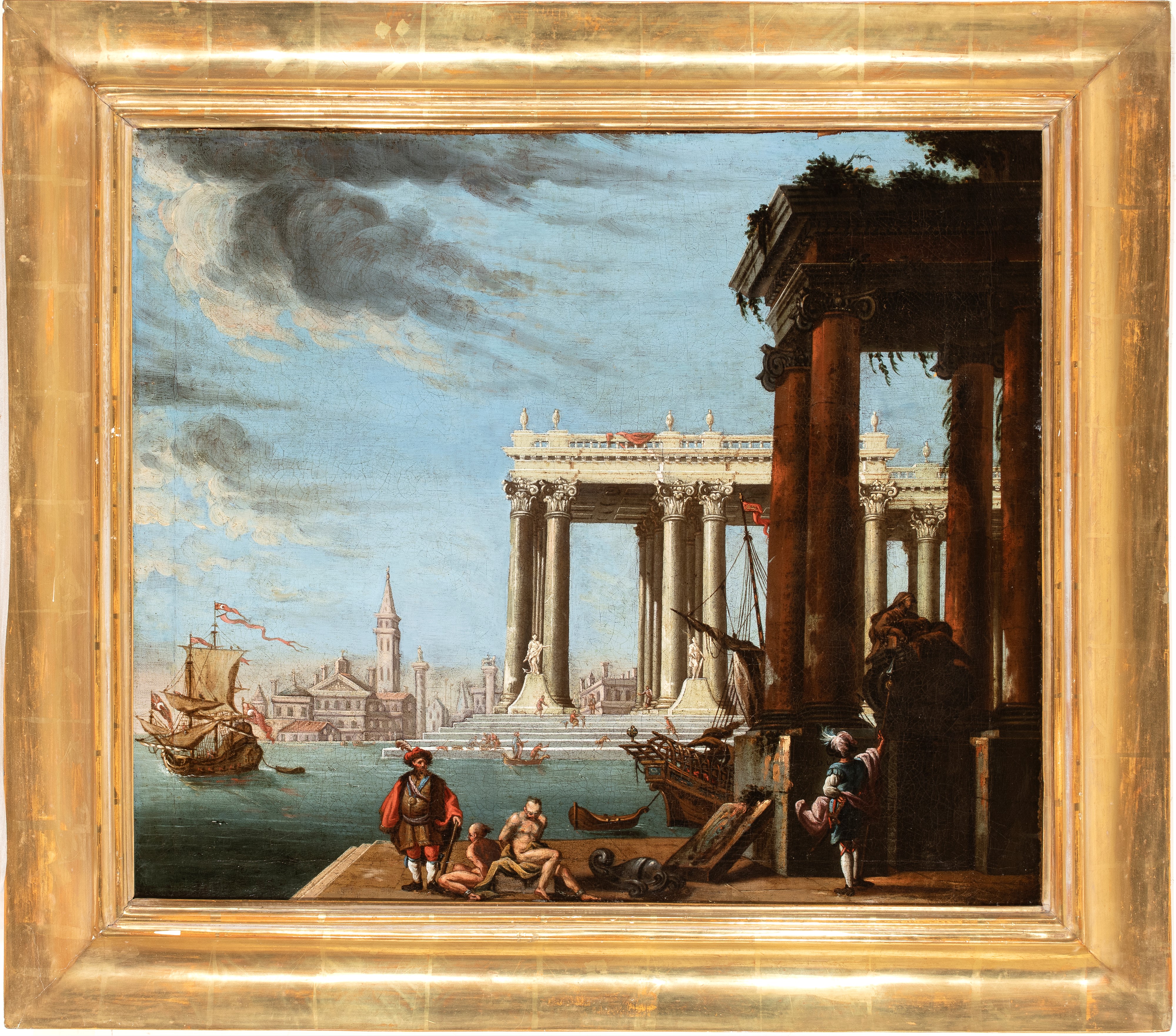 Artista Attivo a Venezia, XVIII Secolo - Capriccio architettonico con figure e scorcio marino, ol...