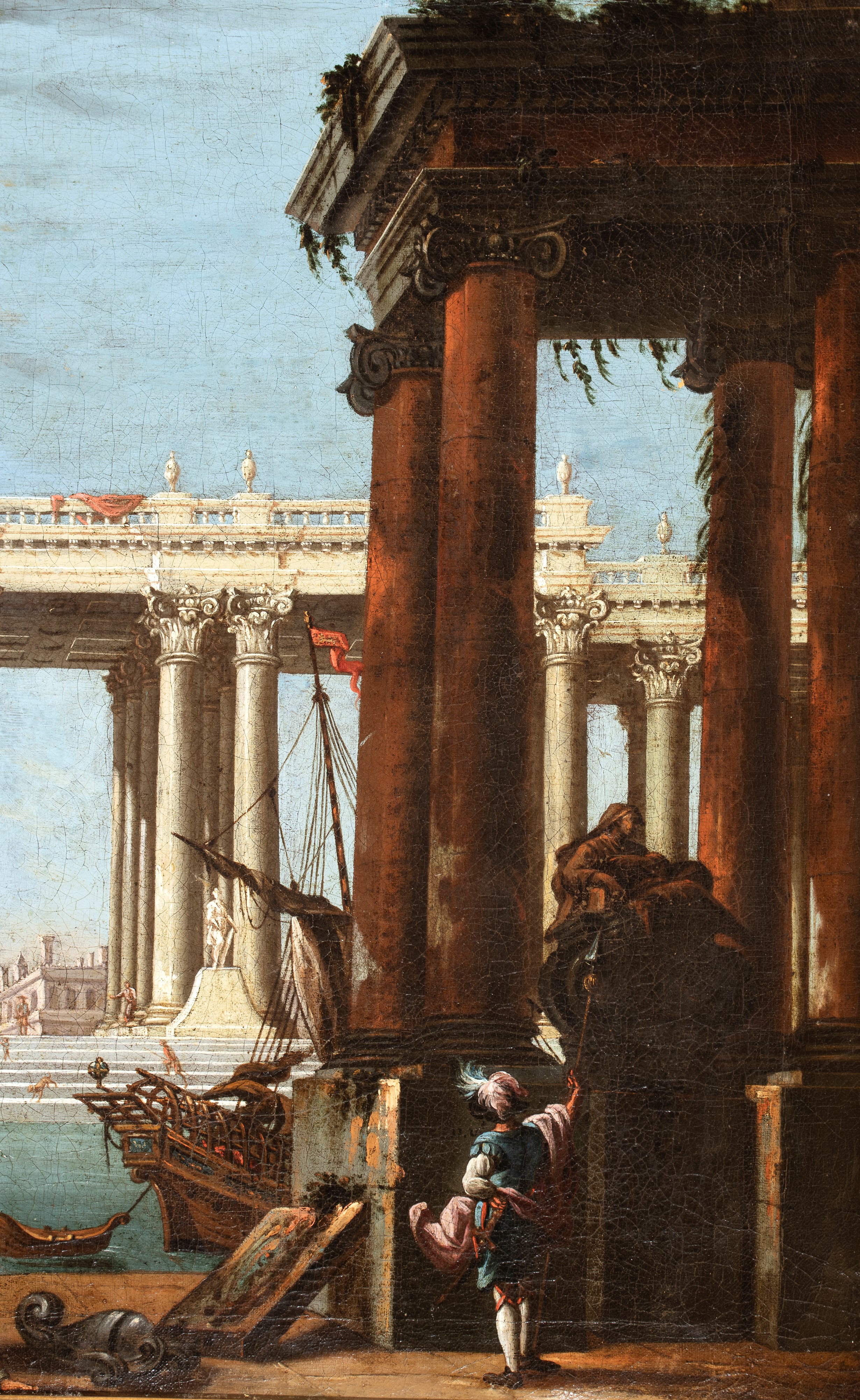 Artista Attivo a Venezia, XVIII Secolo - Capriccio architettonico con figure e scorcio marino, ol...