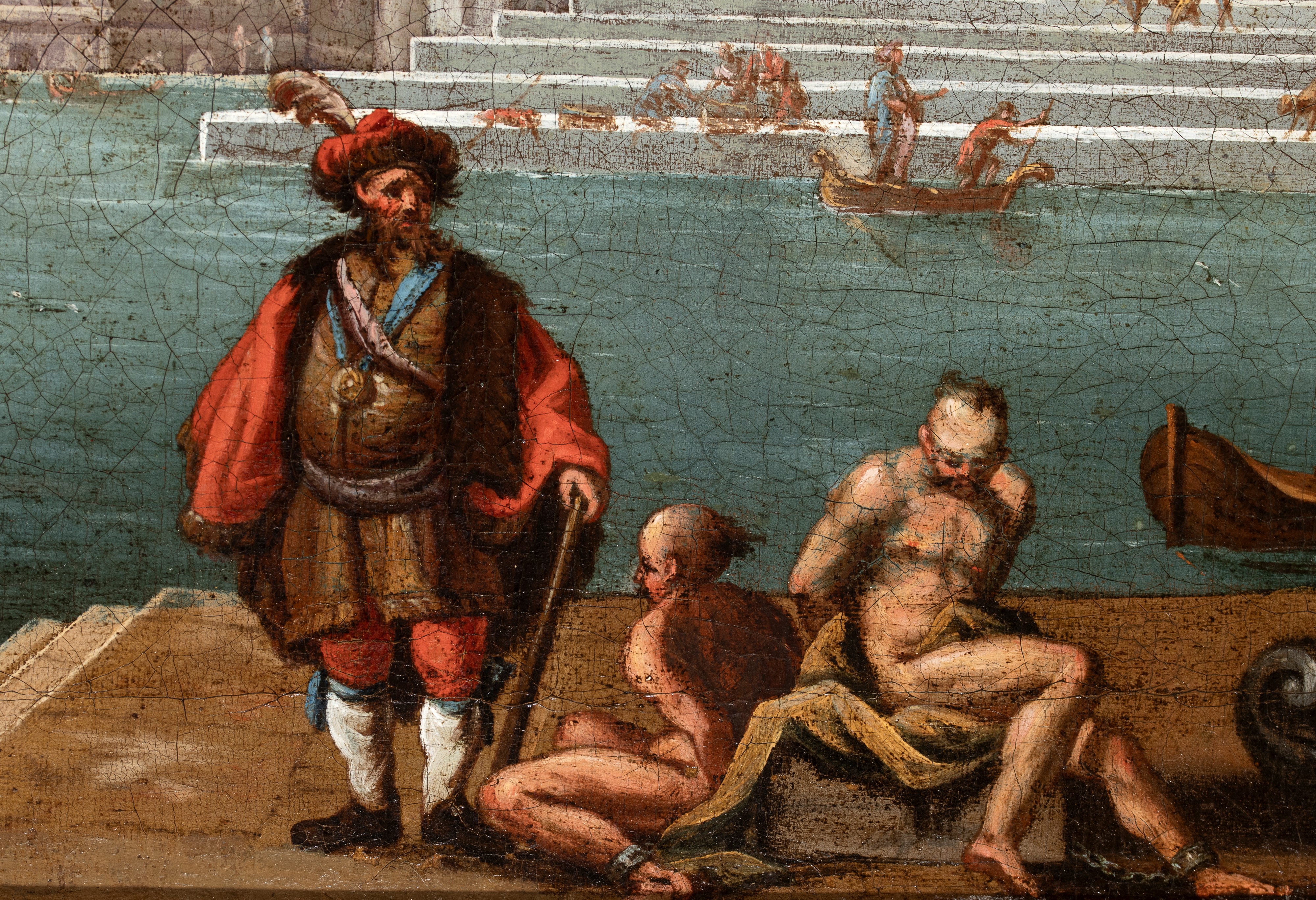 Artista Attivo a Venezia, XVIII Secolo - Capriccio architettonico con figure e scorcio marino, ol...