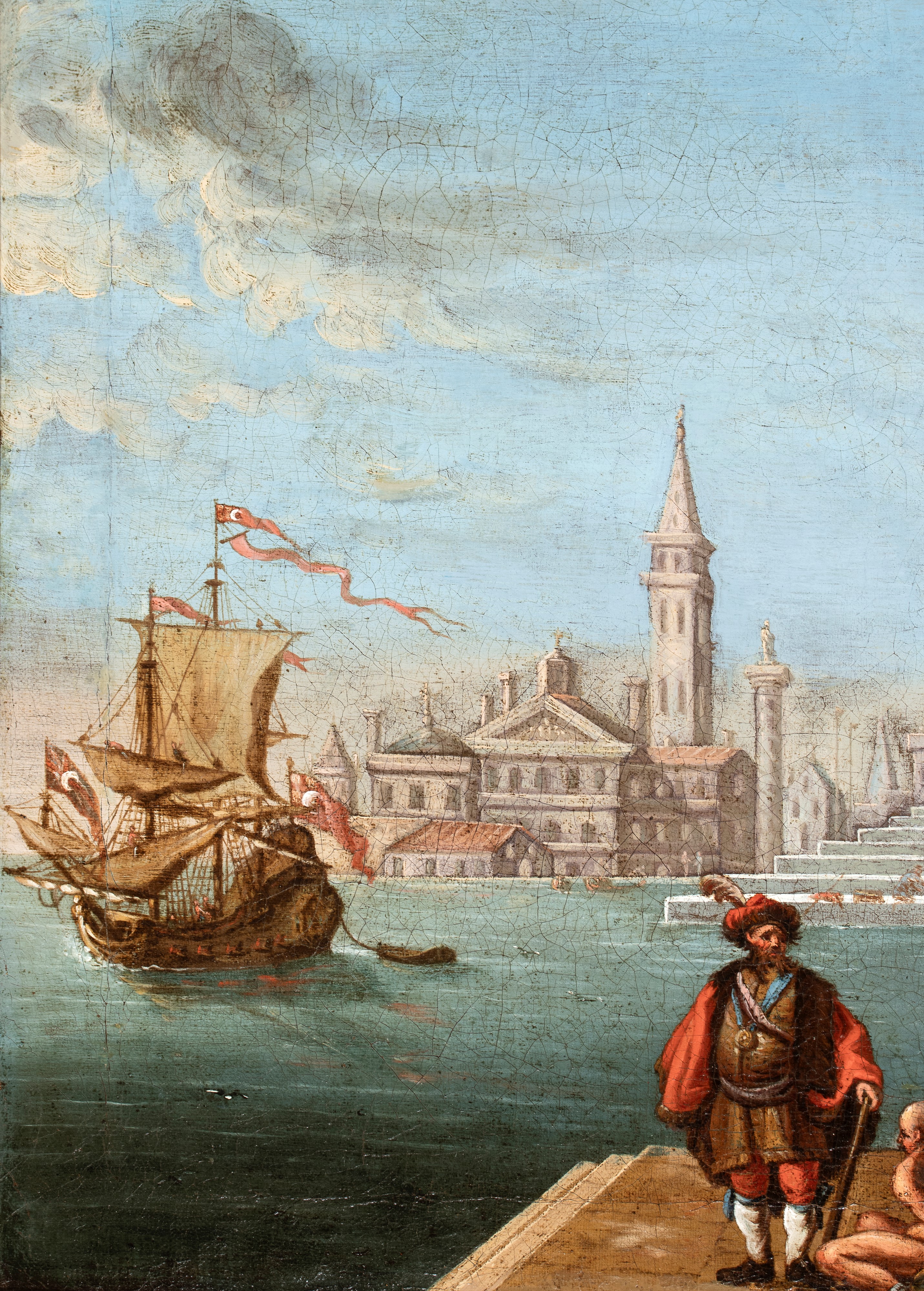 Artista Attivo a Venezia, XVIII Secolo - Capriccio architettonico con figure e scorcio marino, ol...