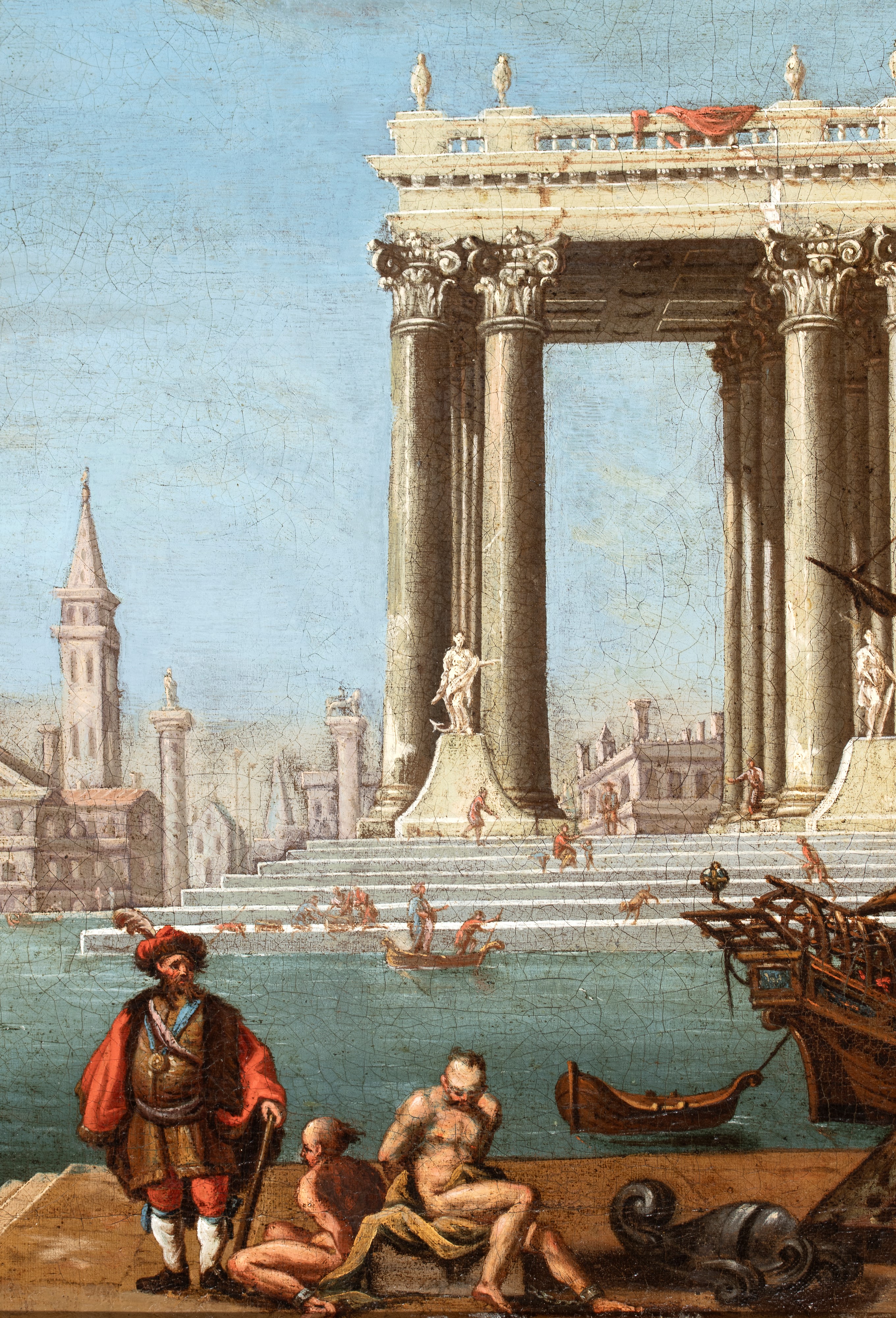 Artista Attivo a Venezia, XVIII Secolo - Capriccio architettonico con figure e scorcio marino, ol...