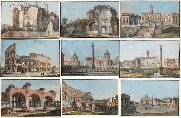 Artista attivo a Roma, XVIII secolo - Views of Rome. Series of 9 watercolour