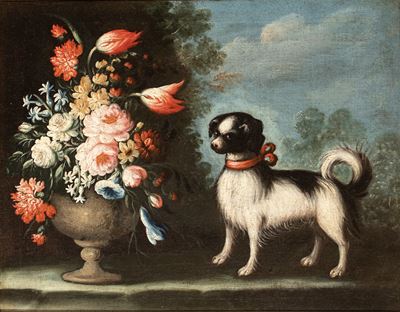 Olio su tela, Vaso di fiori con cagnolino