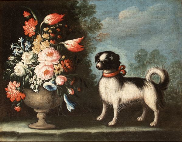 Vaso di fiori con cagnolino