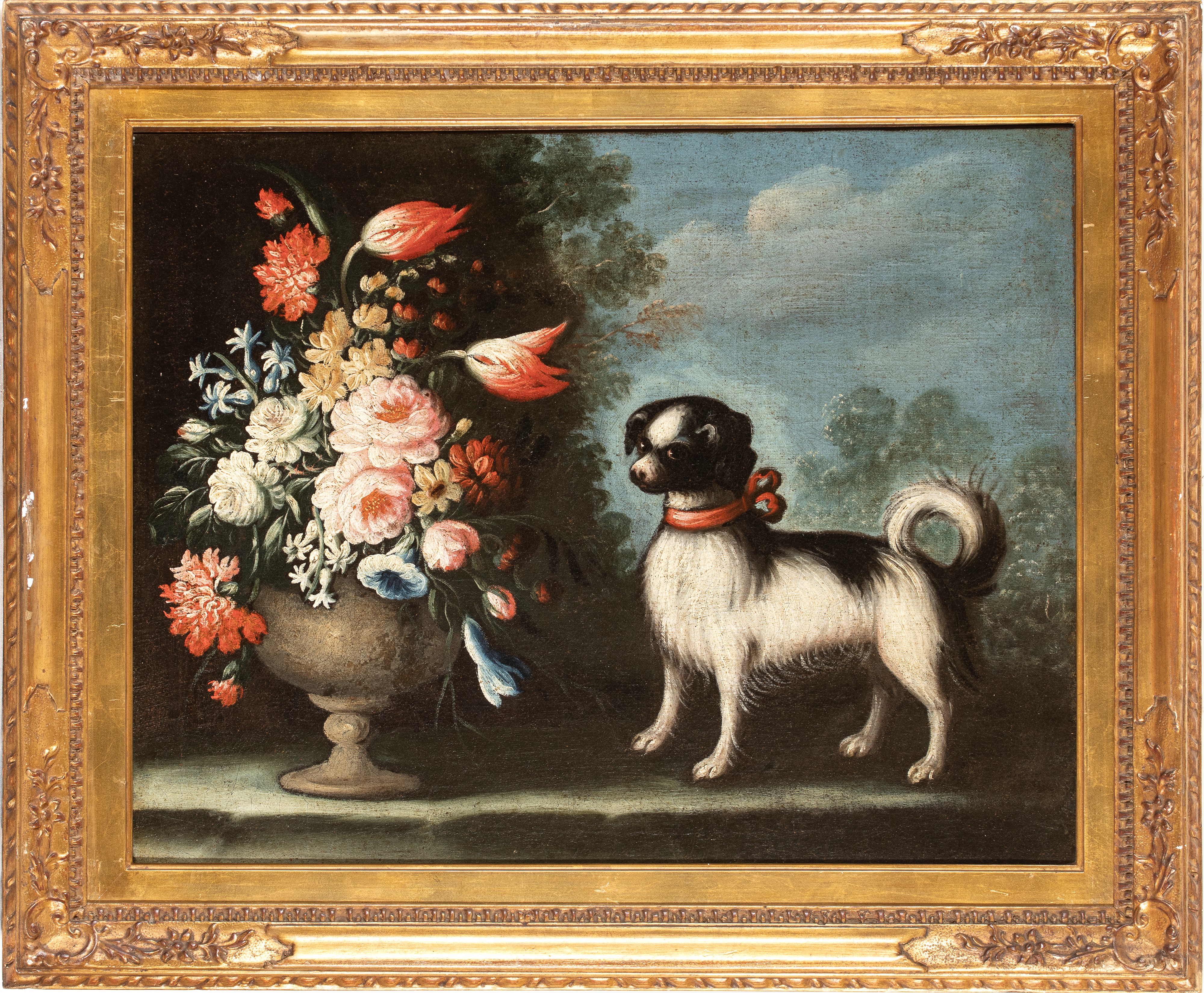 Artista Emiliano, XVIII Secolo - Olio su tela, Vaso di fiori con cagnolino