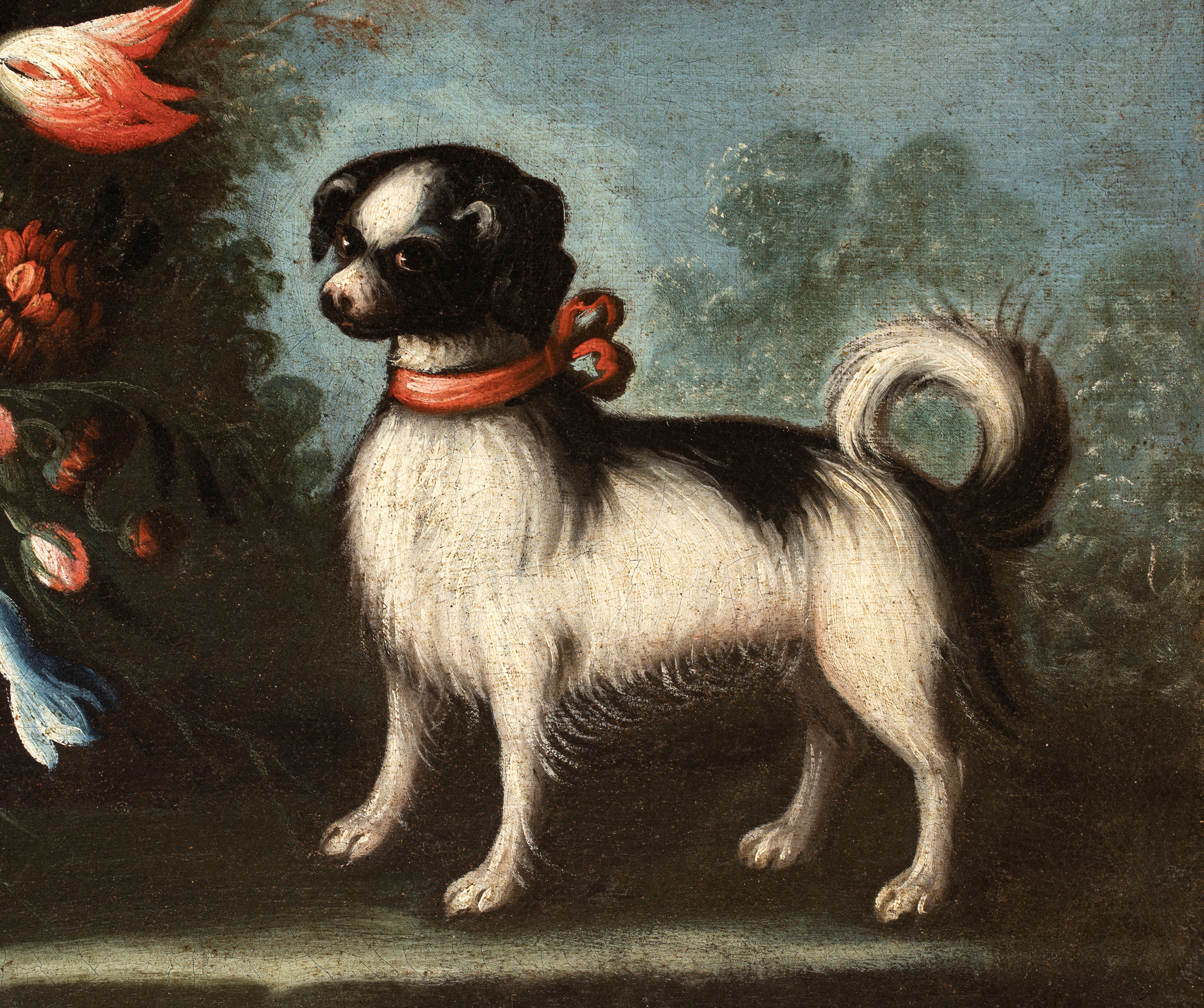 Artista Emiliano, XVIII Secolo - Olio su tela, Vaso di fiori con cagnolino
