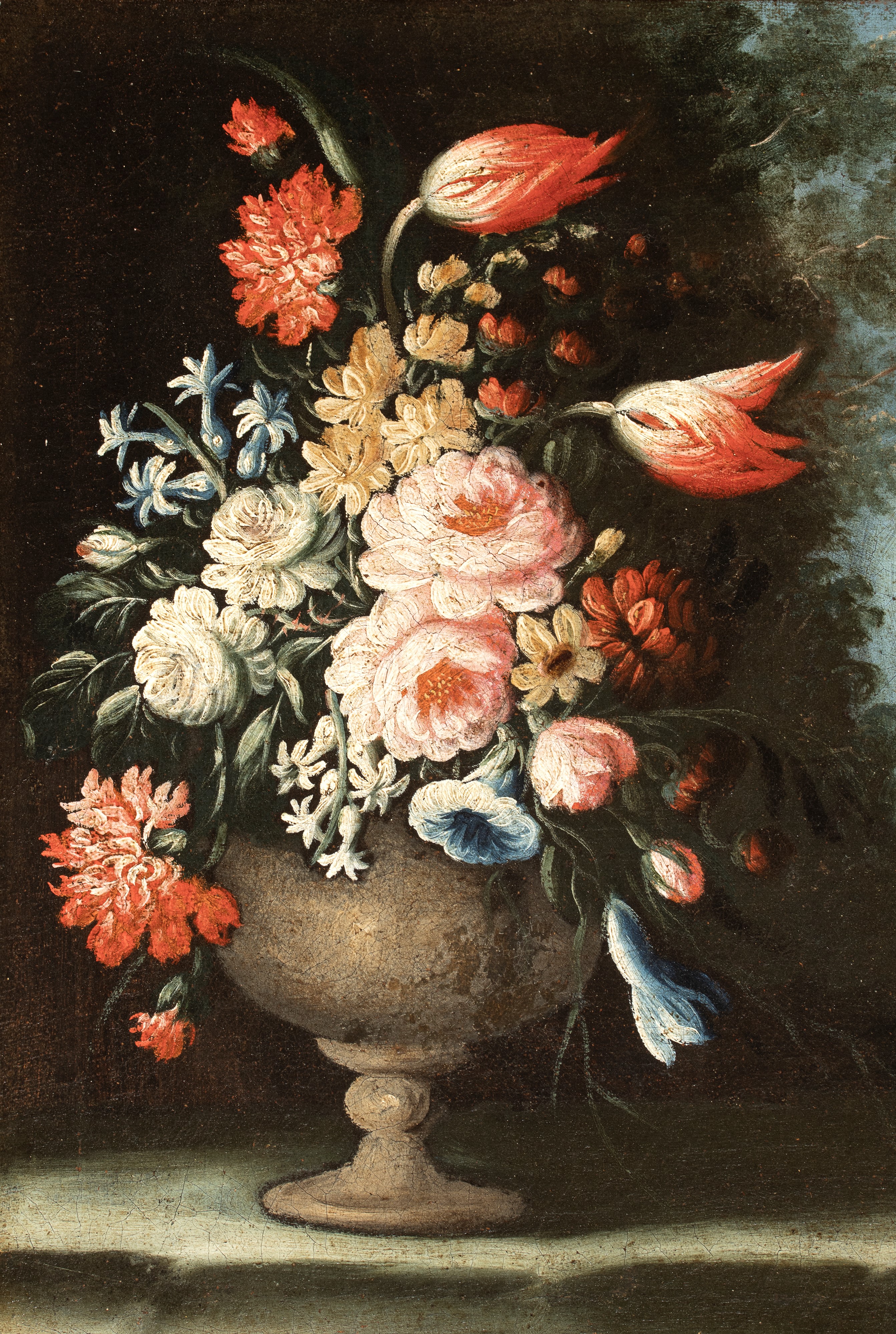 Artista Emiliano, XVIII Secolo - Olio su tela, Vaso di fiori con cagnolino