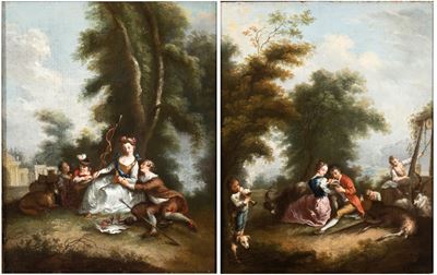 Anonimo, Coppia di scene galanti su tavola (nei pressi di un tempietto e di un pozzo)