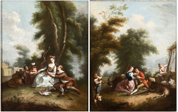 a) Gallant scene near a small temple; b) Gallant scene near a well. A pair of paintings.