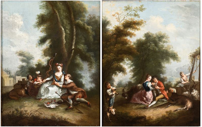 Artista Francese, XVIII Secolo - Coppia di dipinti, scene galanti presso tempietto e pozzo, olio ...