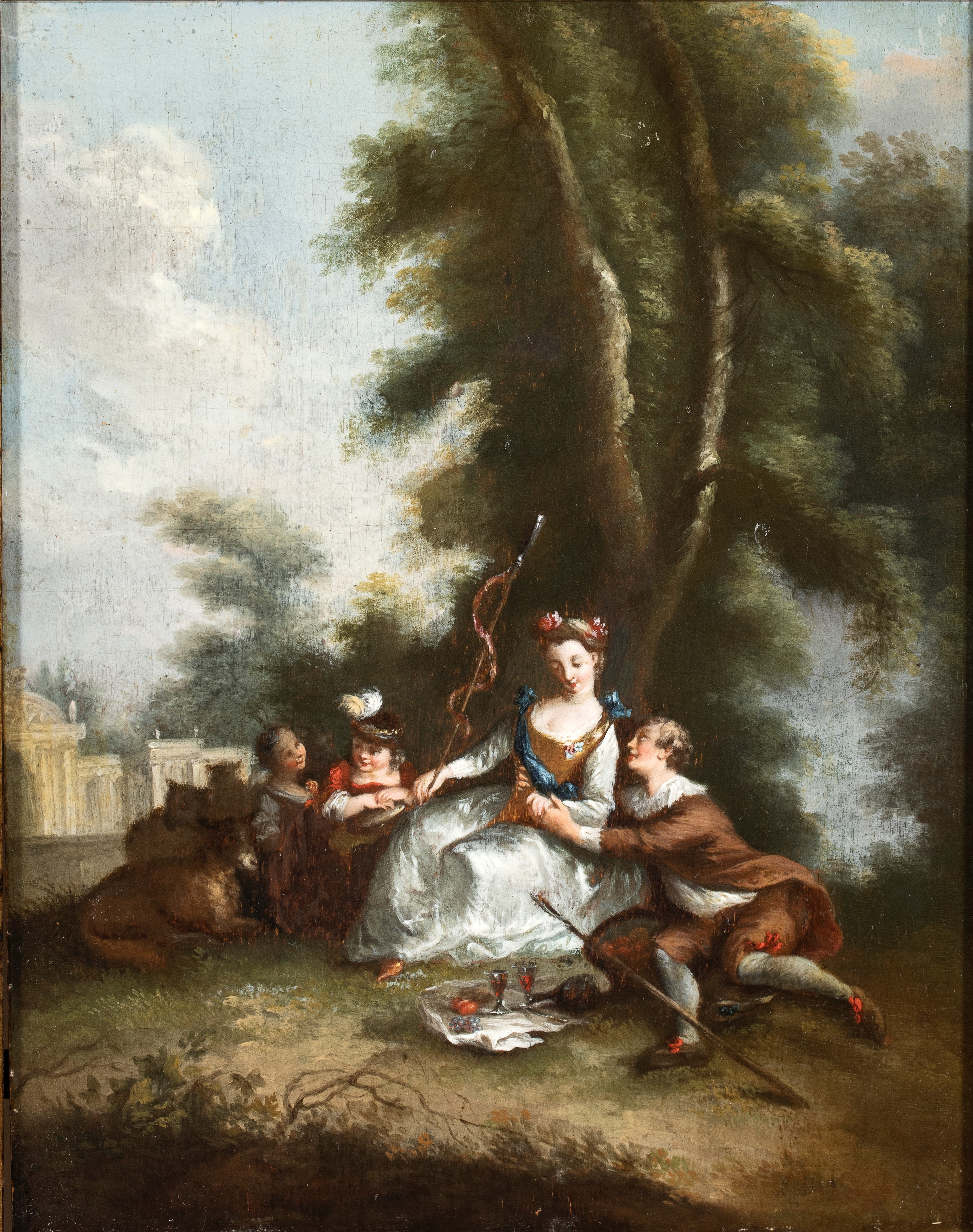 Artista Francese, XVIII Secolo - Coppia di dipinti, scene galanti presso tempietto e pozzo, olio ...