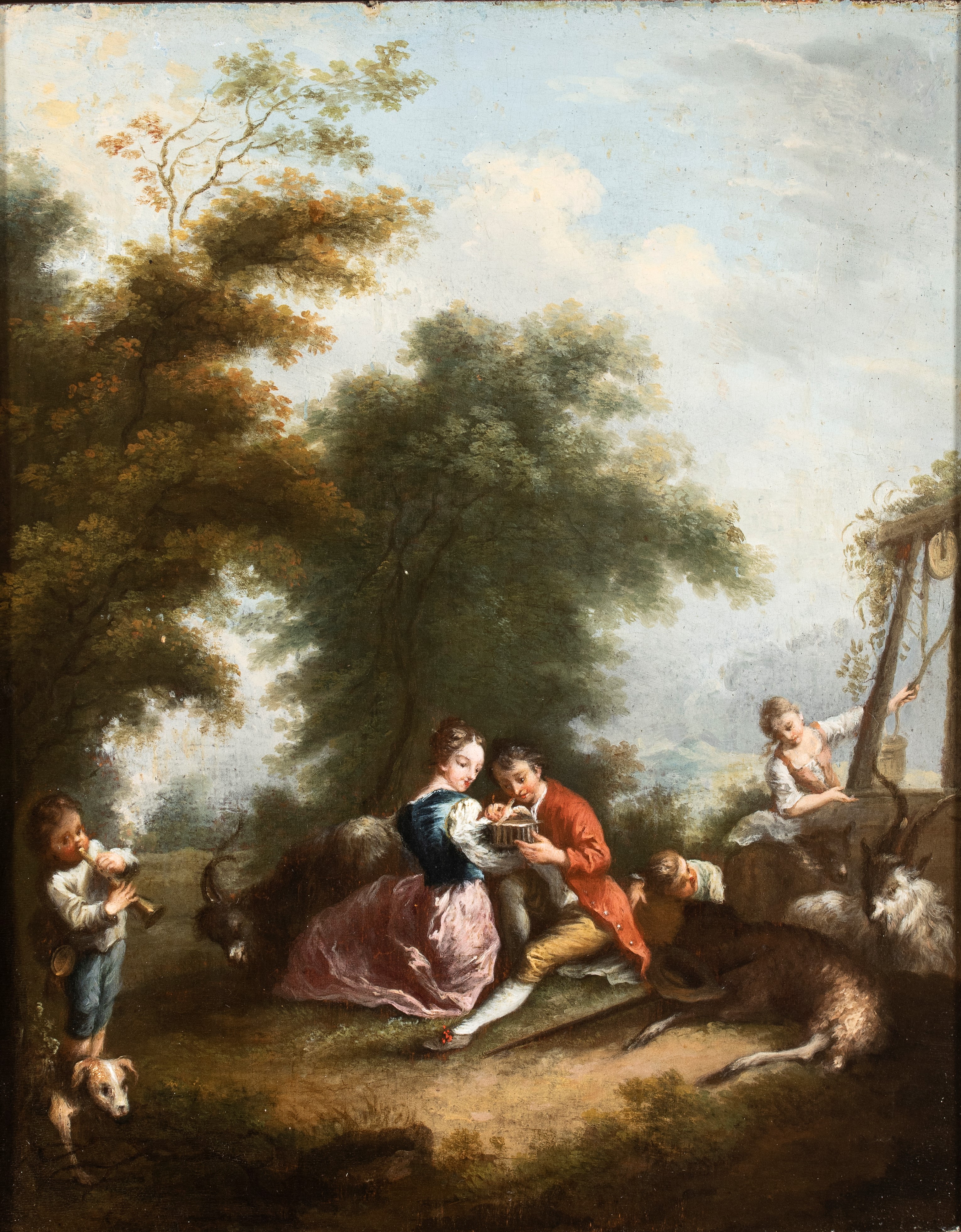 Artista Francese, XVIII Secolo - Coppia di dipinti, scene galanti presso tempietto e pozzo, olio ...