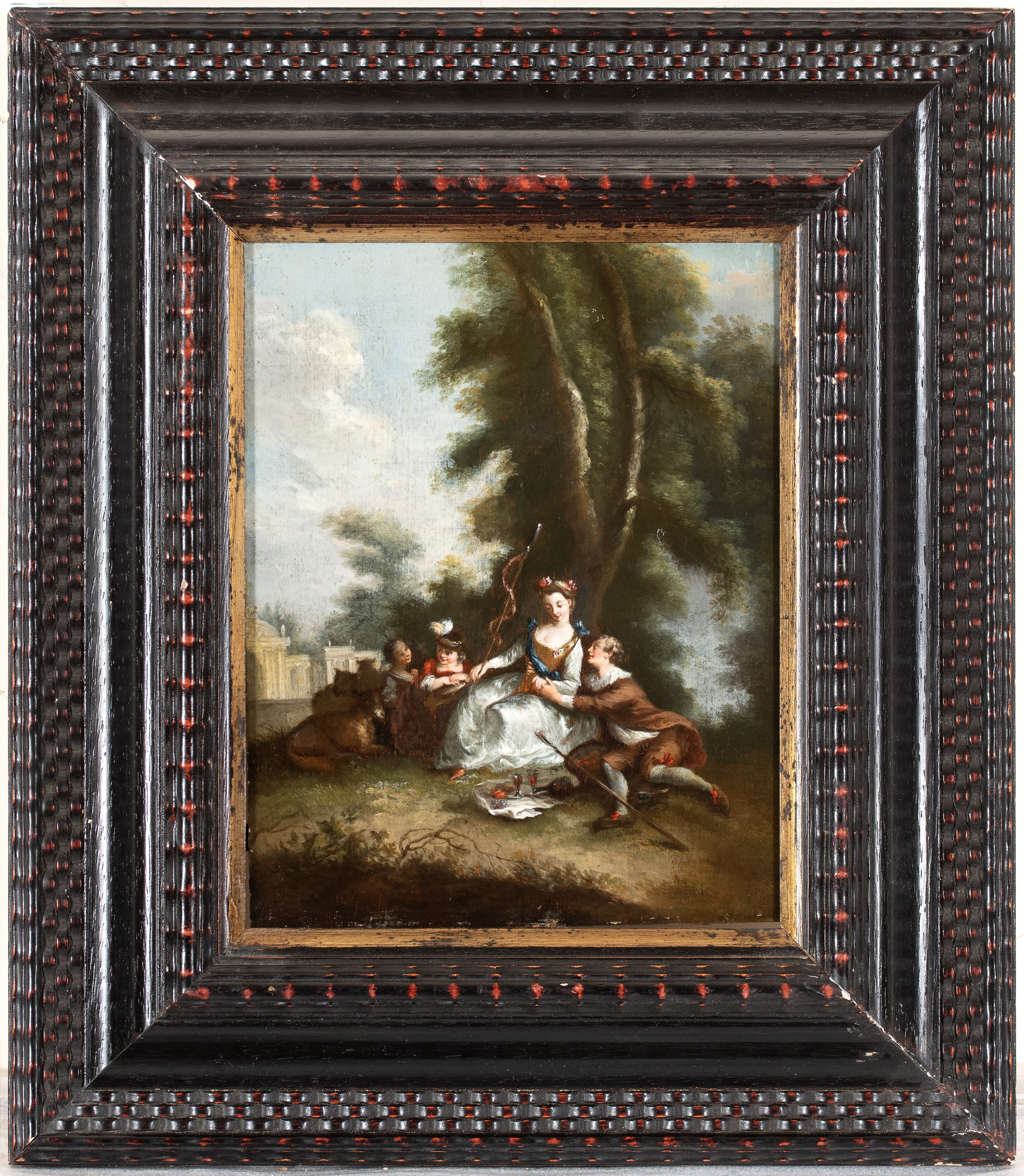 Artista Francese, XVIII Secolo - Coppia di dipinti, scene galanti presso tempietto e pozzo, olio ...