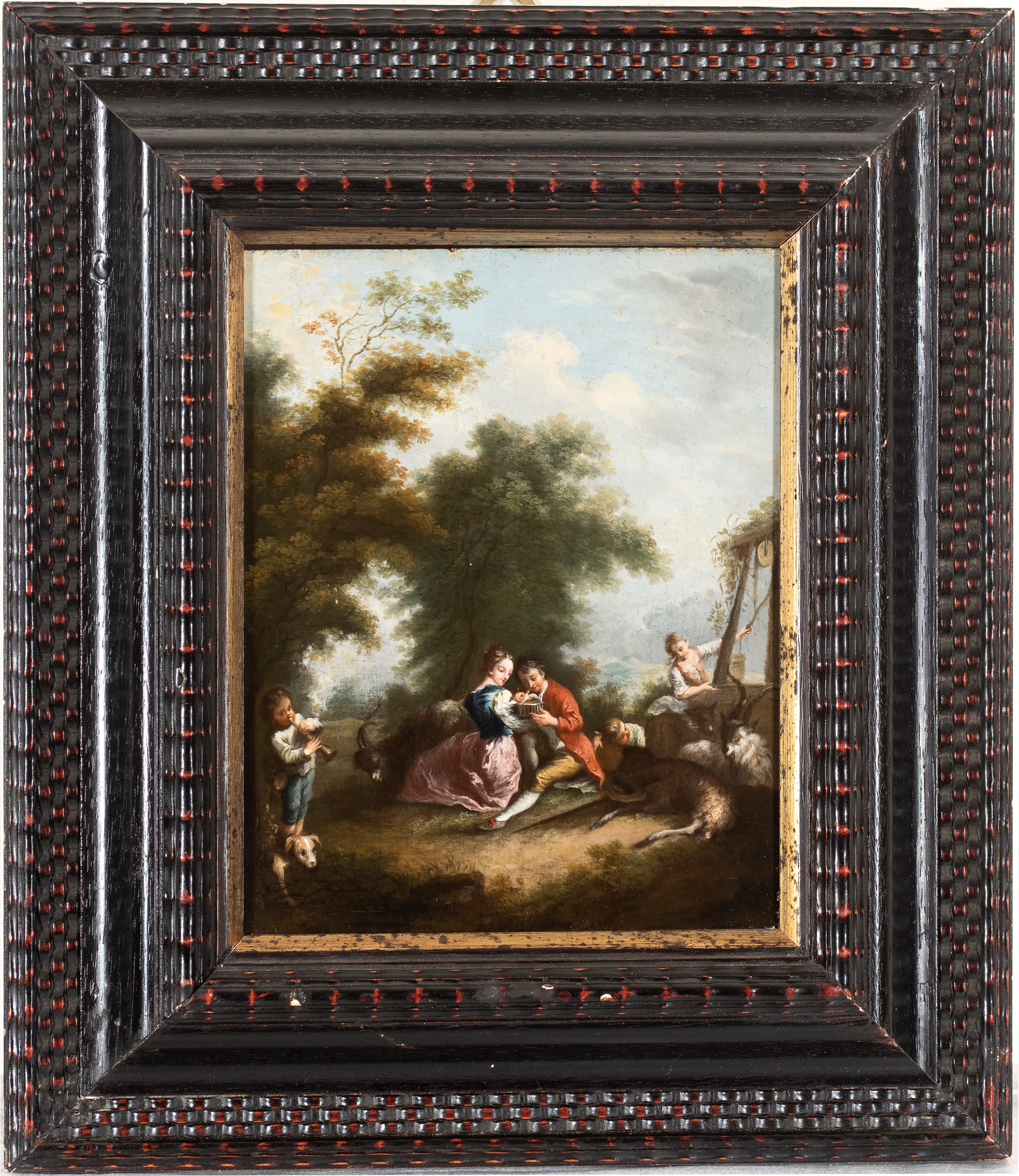 Artista Francese, XVIII Secolo - Coppia di dipinti, scene galanti presso tempietto e pozzo, olio ...