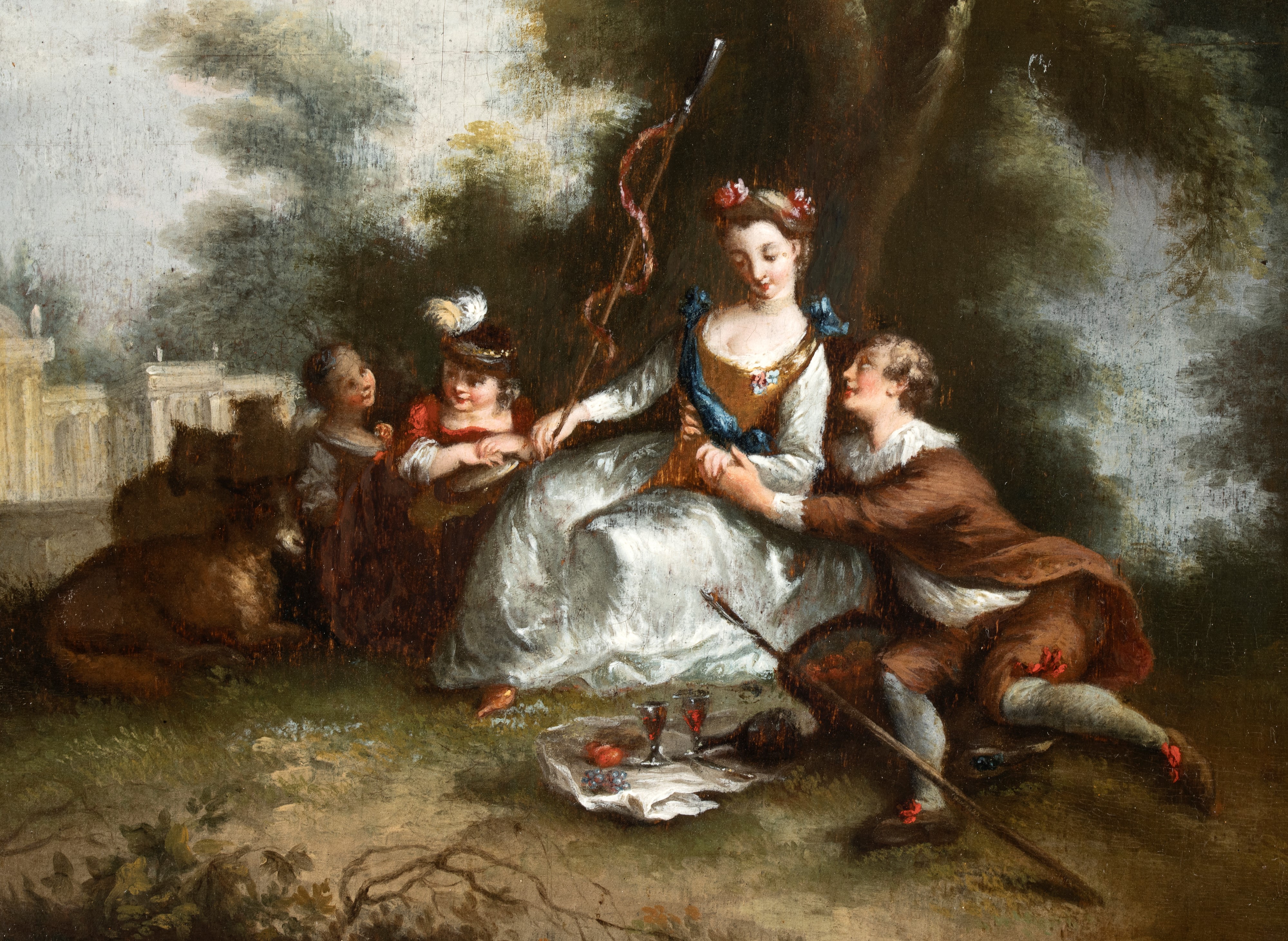 Artista Francese, XVIII Secolo - Coppia di dipinti, scene galanti presso tempietto e pozzo, olio ...