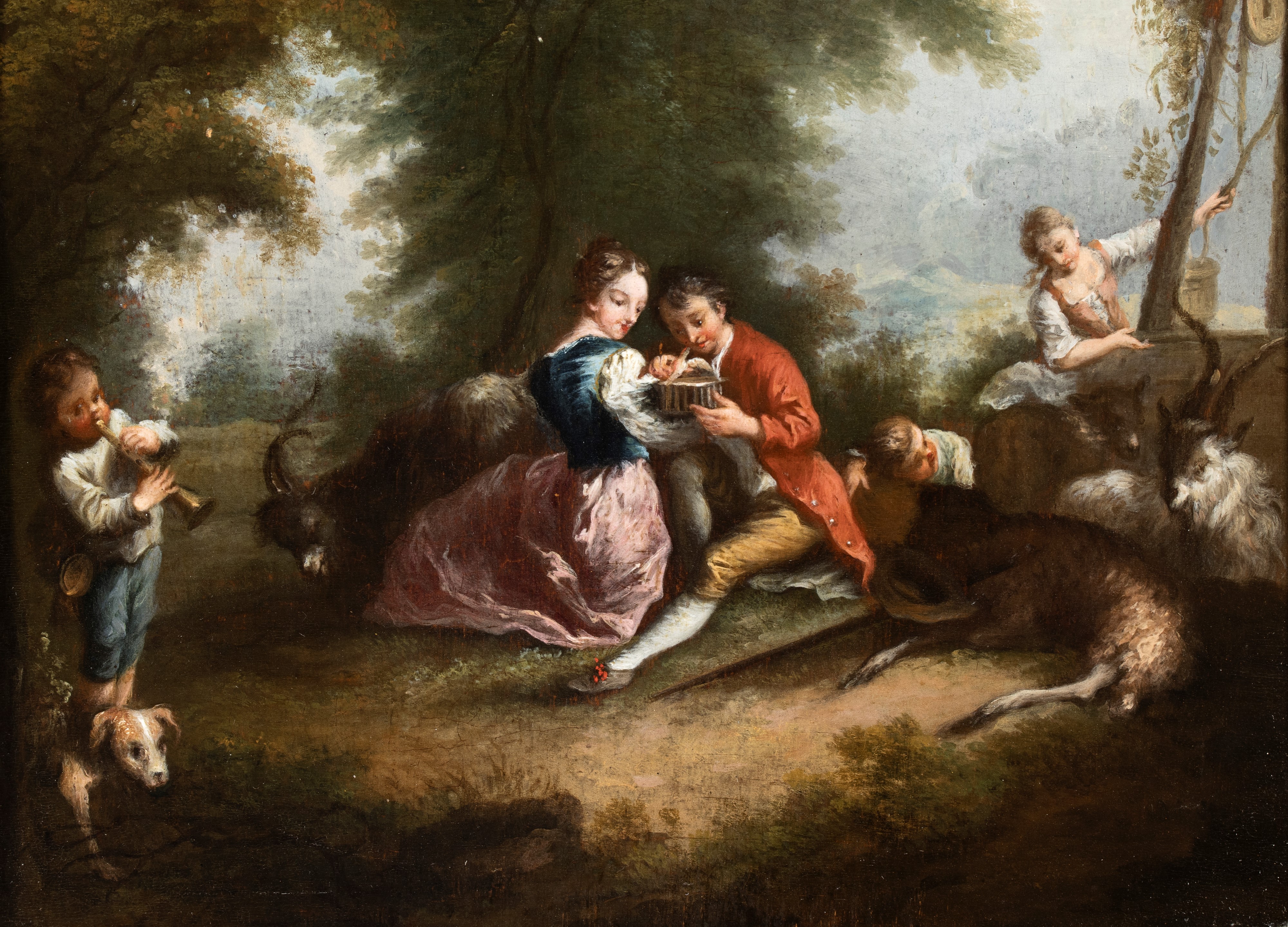 Artista Francese, XVIII Secolo - Coppia di dipinti, scene galanti presso tempietto e pozzo, olio ...