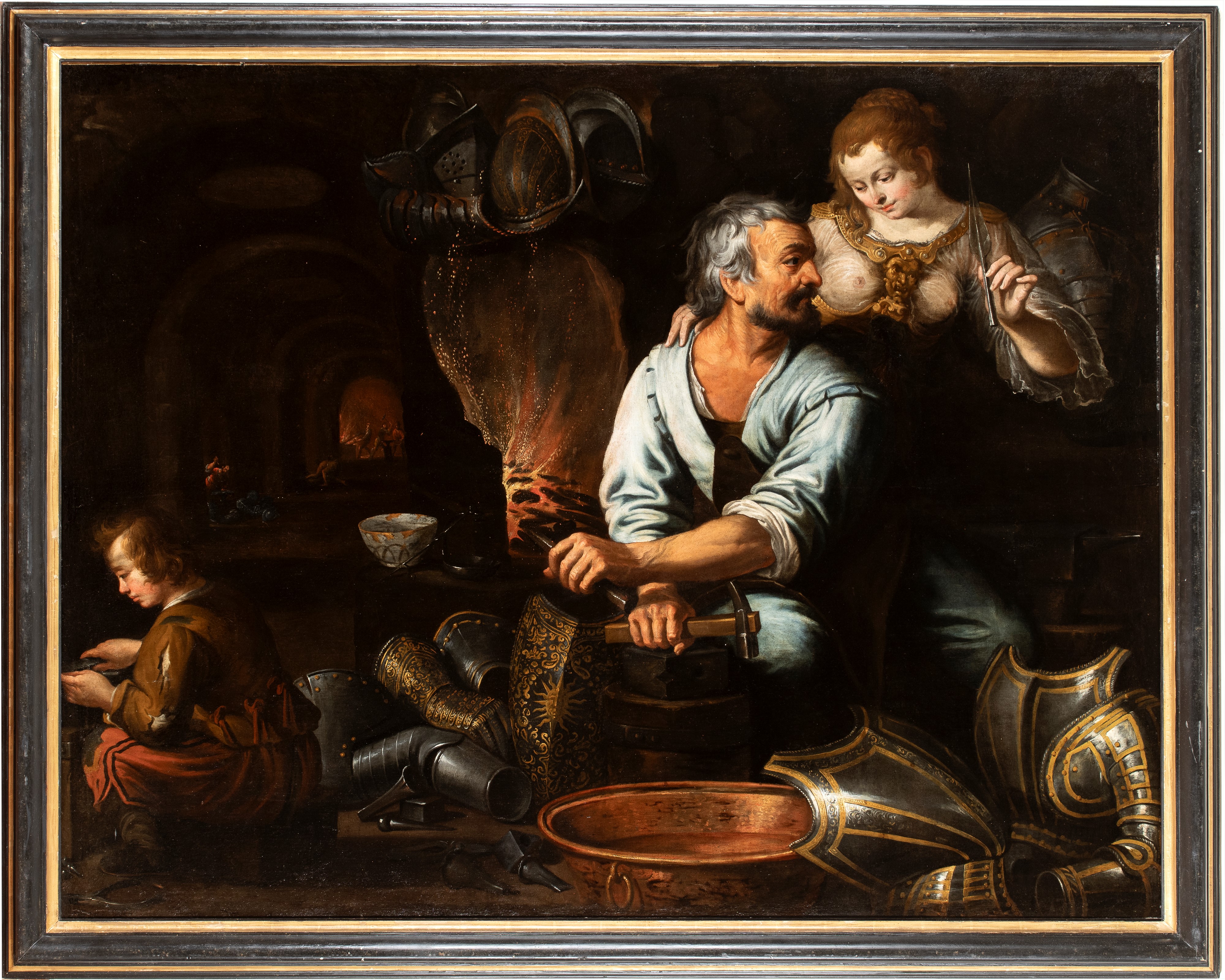 Artista Genovese, XVII Secolo - Venere nella fucina di Vulcano, olio su tela con cornice