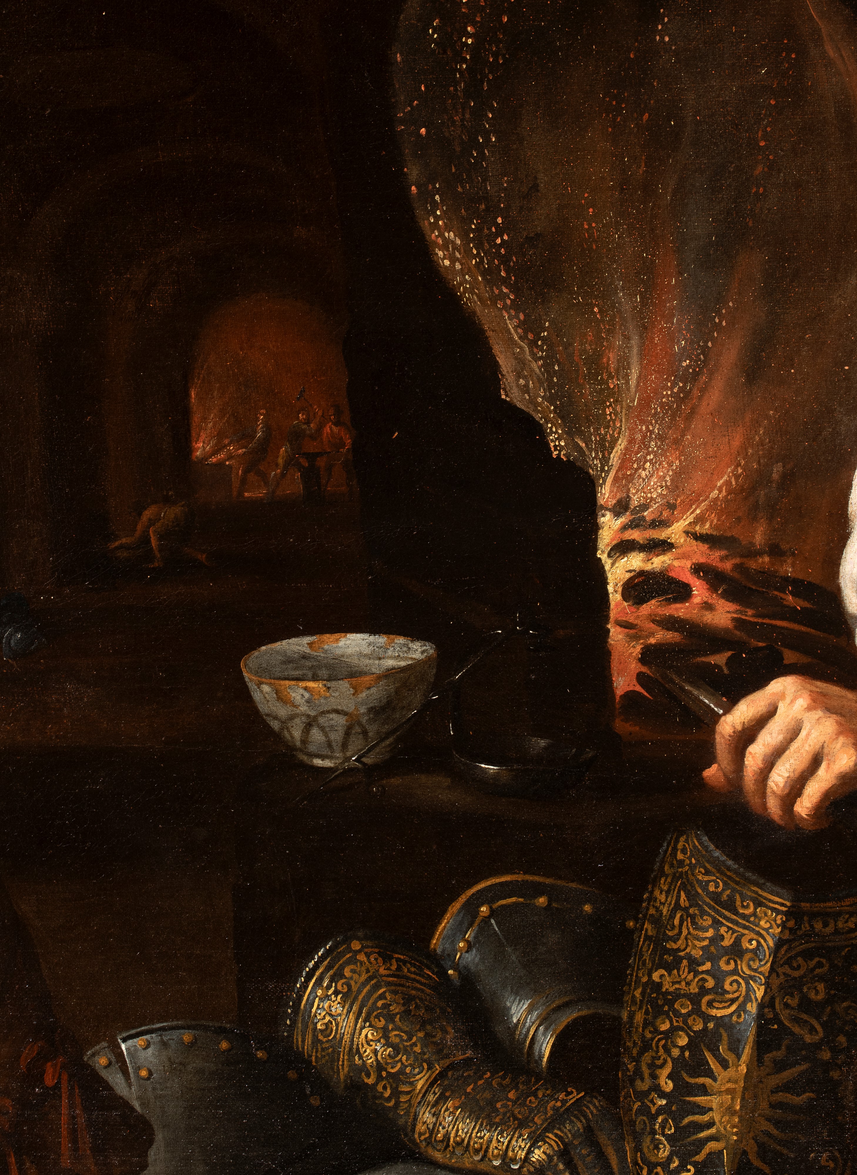 Artista Genovese, XVII Secolo - Venere nella fucina di Vulcano, olio su tela con cornice