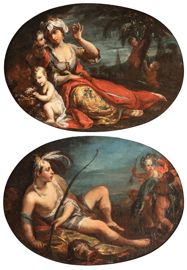 Giuseppe Antonio Ghedini - a) Allegory of Asia; b) Allegory of America. A pair of paintings.