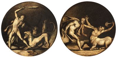 Ercole con Cerbero; Ercole e il Centauro (coppia di dipinti a grisaille, olio su tavola)