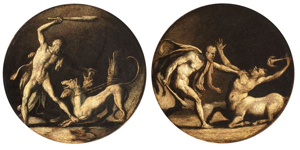 Giulio  Pippi  detto Giulio Romano - a) Hercules with Cerberus; b) Hercules and the Centaur. Pair of grisaille paintings.