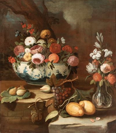 Natura morta di fiori e frutta, olio su tela