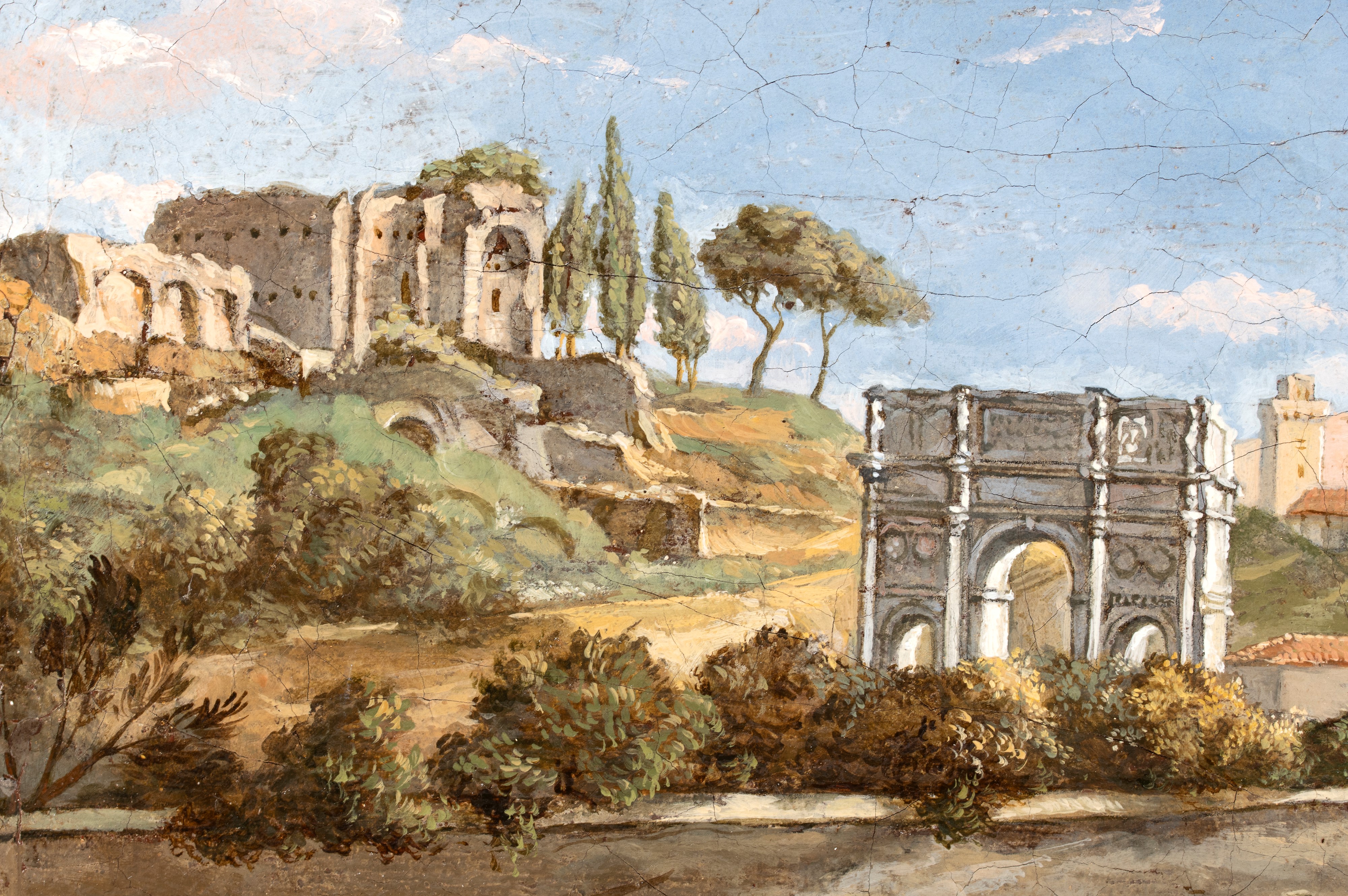 Artista Anonimo, XIX-XX Secolo - Veduta del Colosseo con il Palatino e l’arco di Costantino, olio...