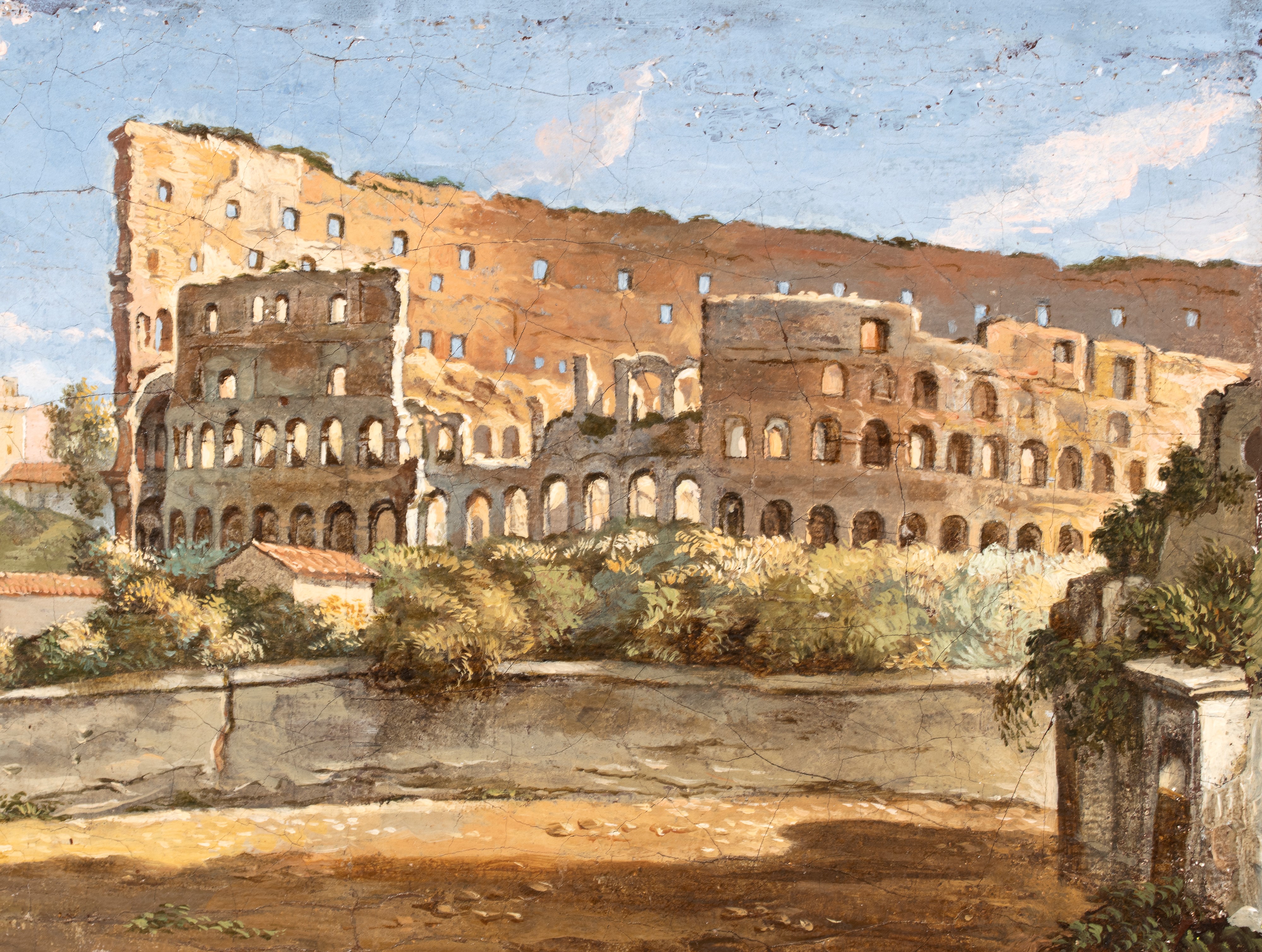 Artista Anonimo, XIX-XX Secolo - Veduta del Colosseo con il Palatino e l’arco di Costantino, olio...